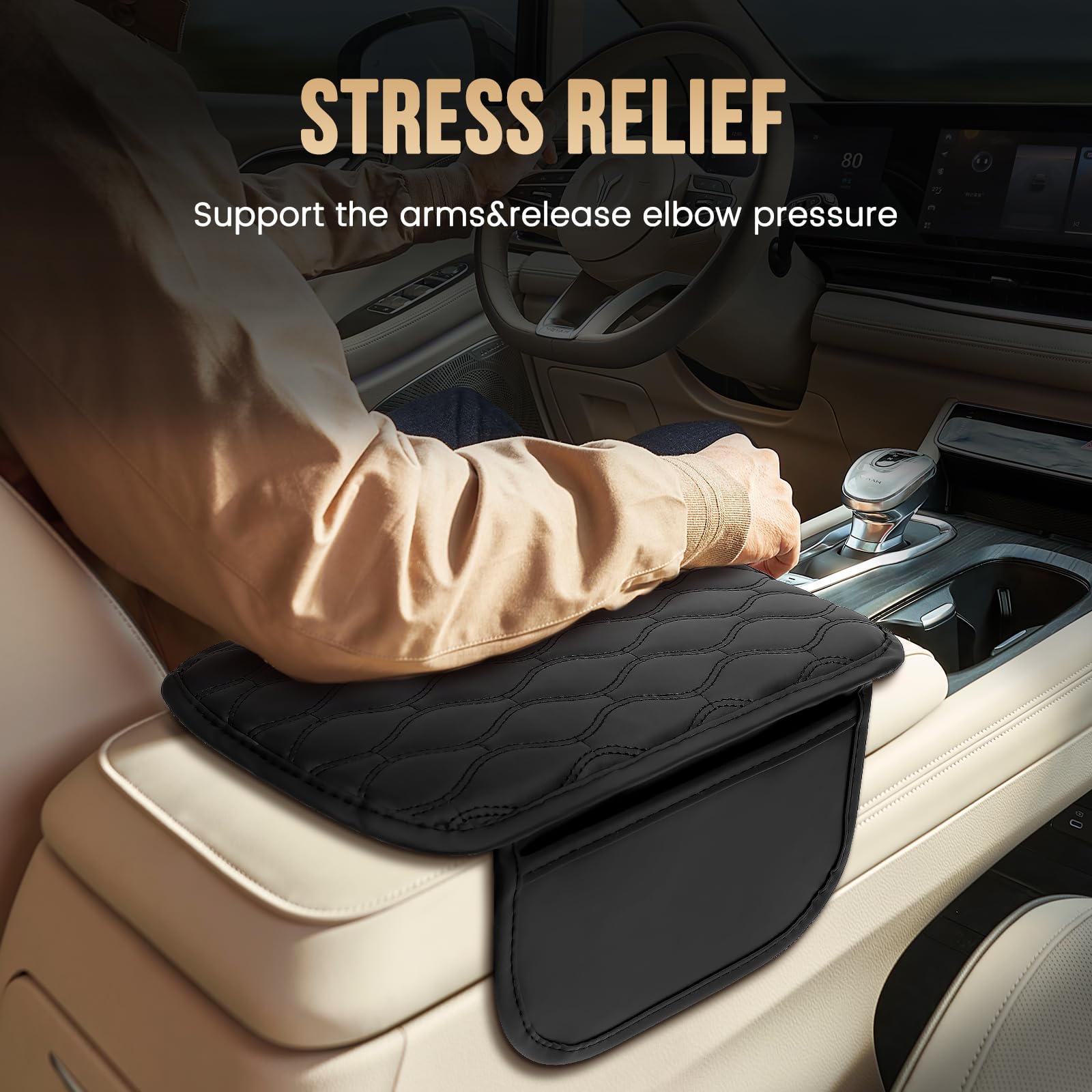 LEIWOOR Universal Car Center Console Cover with 2 Storage Pockets - Soft Armrest Cushion Pad for Most Vehicles - Beige Interior Accessories | Perfect for Long Drives & Daily Commutes