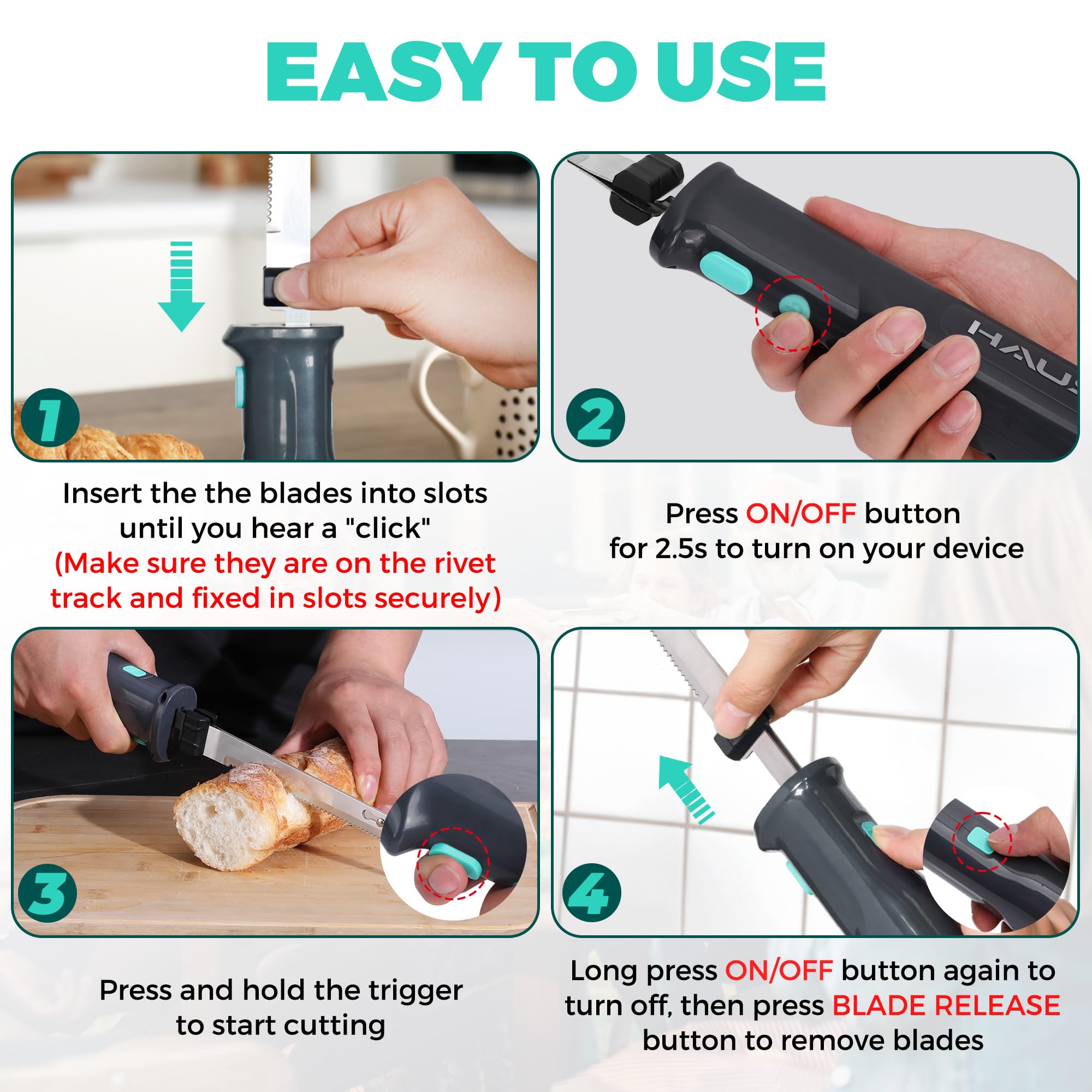 HAUSHOF 8V Cordless Electric Knife Set - Rechargeable Meat Cutter with Stainless Steel Blades for Slicing Turkey, Fish, Bread - Includes Safety Lock & Storage Case - Perfect for Holiday Cooking, BBQ, and Kitchen Prep
