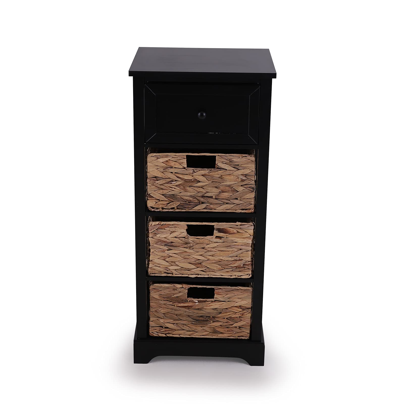 PHI VILLA Farmhouse Style Narrow Storage Cabinet with Rattan Baskets & Drawer - Small Space Organizer for Bathroom, Entryway, Bedroom - Black Accent End Table with Shelves | Perfect for Home Decor, Apartment Living & Dorm Rooms | Organize Towels, Shoes, Books & Essentials | Space-Saving Solution for Compact Areas & Cozy Spaces