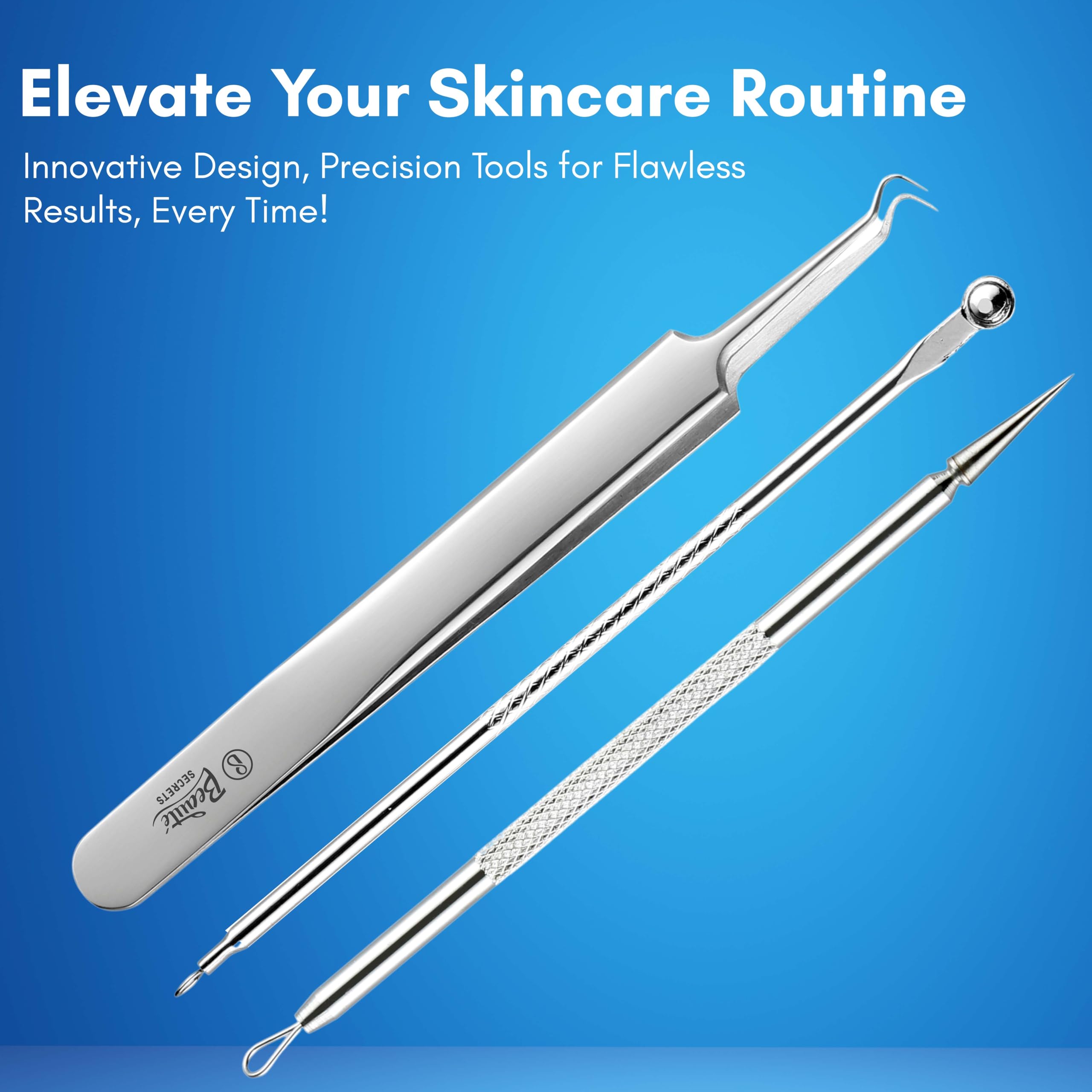 Beauté Secrets Acne Extractor Kit - Professional Blackhead Tweezers & Pimple Popper Tool Set for Ingrown Hair & Facial Impurities Removal - Perfect for Home Skincare & Spa Treatments