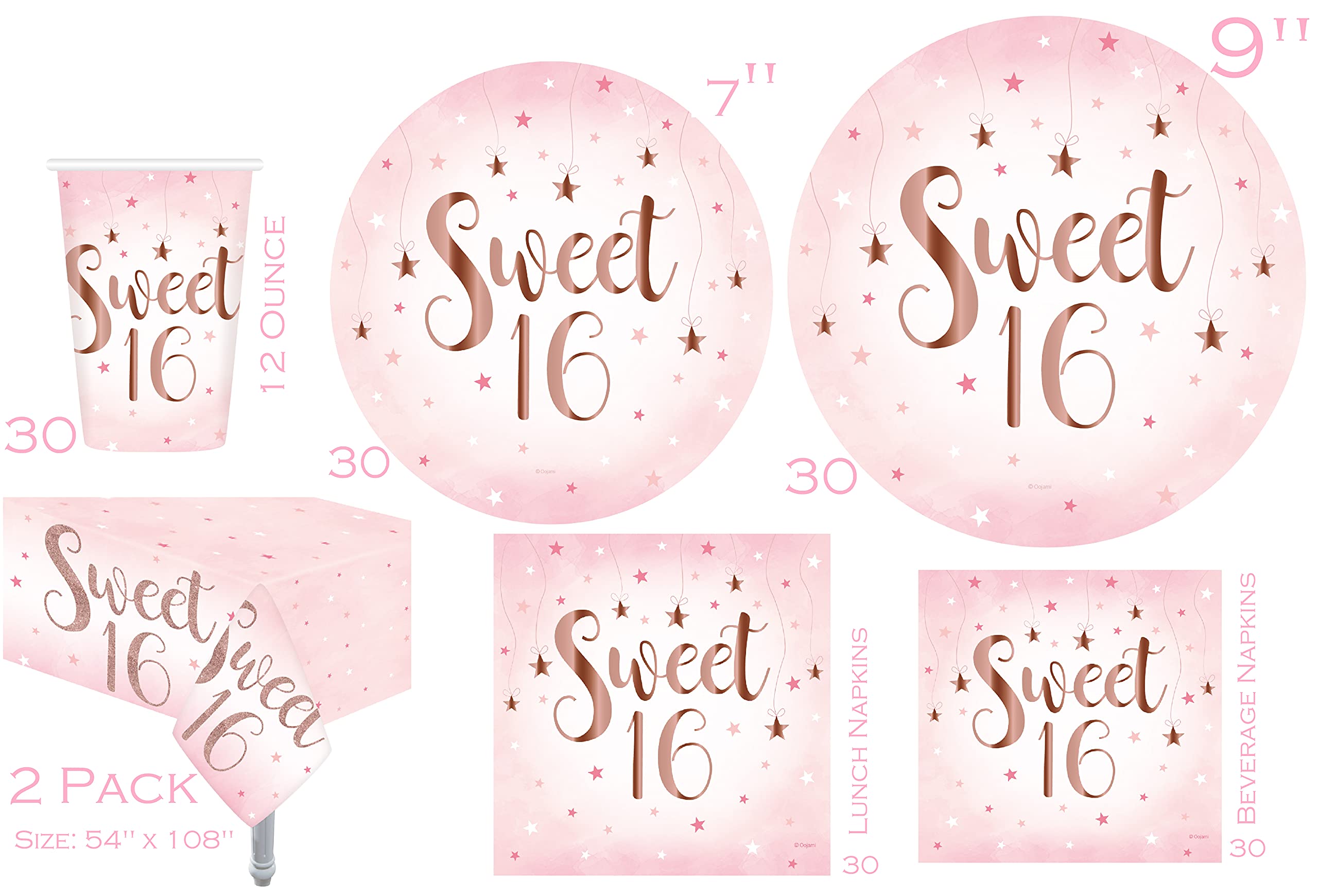 Ultimate Sweet 16 Birthday Party Supplies Set - 30-Piece Rose Gold Foil Theme with 9