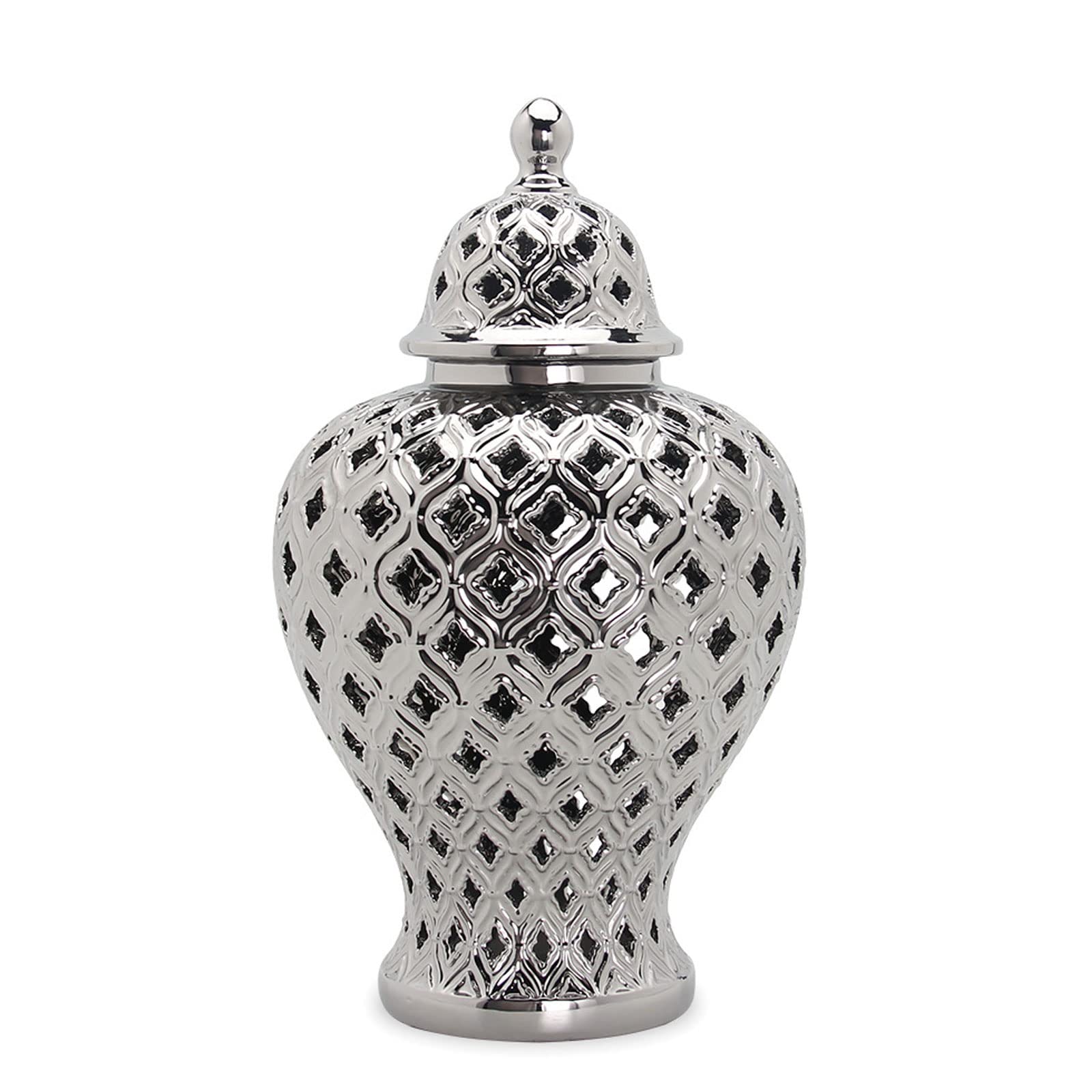 Luxury Ceramic Ginger Jar with Pierced Carved Lattice Design - Traditional Decorative Temple Vase with Domed Lid for Home Office Decor | Flower Arrangement & Storage Solution | Silver Finish | Perfect for Living Room, Bedroom, or Desktop Display