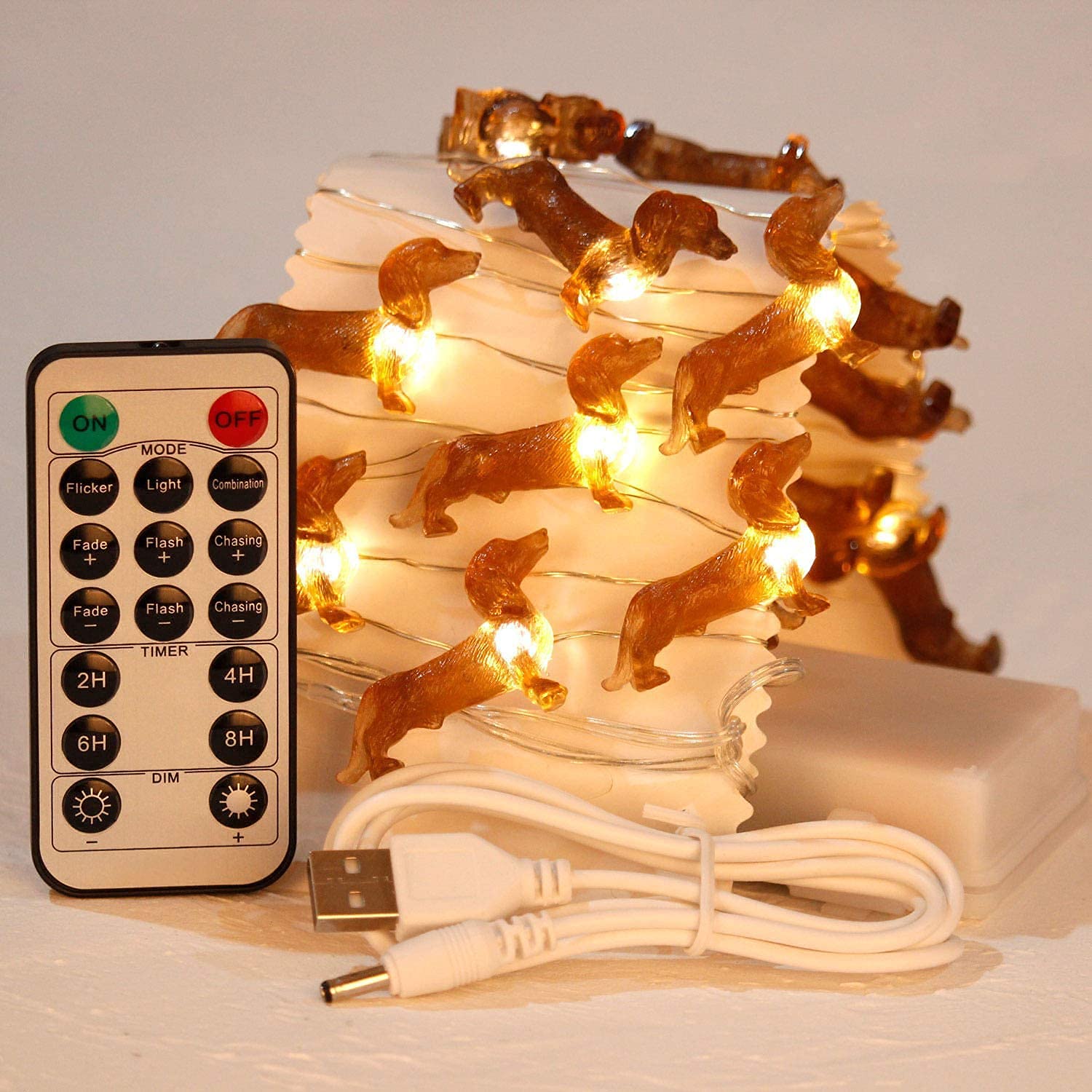 Dachshund Dog String Lights - 10ft 30 LED Battery/USB Powered Fairy Lights with Remote | Pet-Themed Indoor Decor for Weddings, Birthdays, Christmas & St. Patrick's Day | Perfect for Home, Nursery, Party & Holiday Decorations