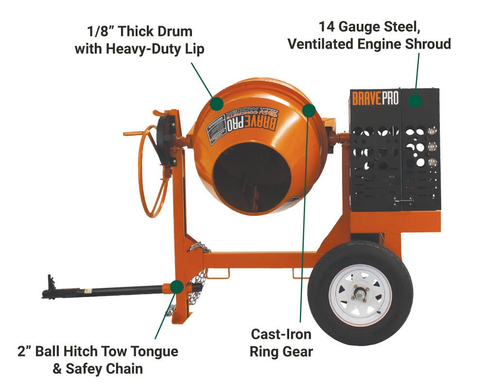 Brave Concrete Mixer - 9 Cu. Ft. Steel Drum with Honda GX270 Engine | Heavy Duty Construction Equipment for DIY Projects & Professional Job Sites