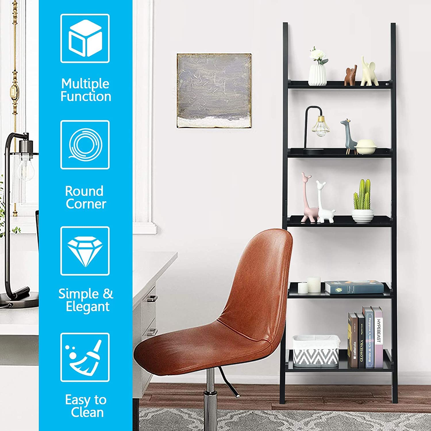 5-Tier Ladder Shelf - Rustic Wood Wall-Leaning Bookshelf & Storage Organizer for Living Room, Bathroom, Office - Perfect for Home Decor, Book Display & Space Saving (Black)