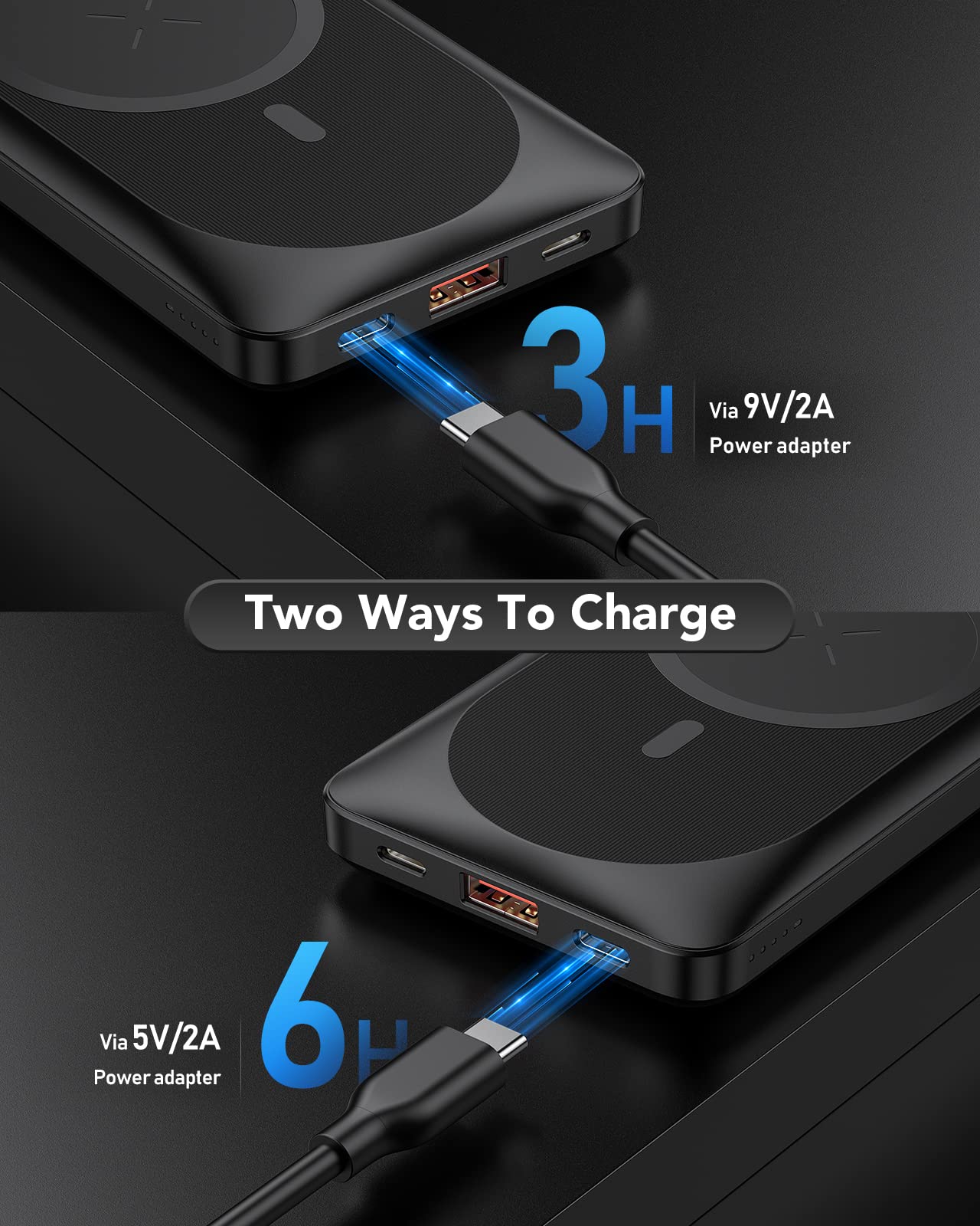 VRURC 10000mAh Magnetic Wireless Portable Charger - PD 20W Fast Charging Power Bank with USB-C & Finger Holder for iPhone 15/14/13/12 Pro/Pro Max/Plus/Mini - Perfect for Travel, Work & Outdoor Activities (Black)