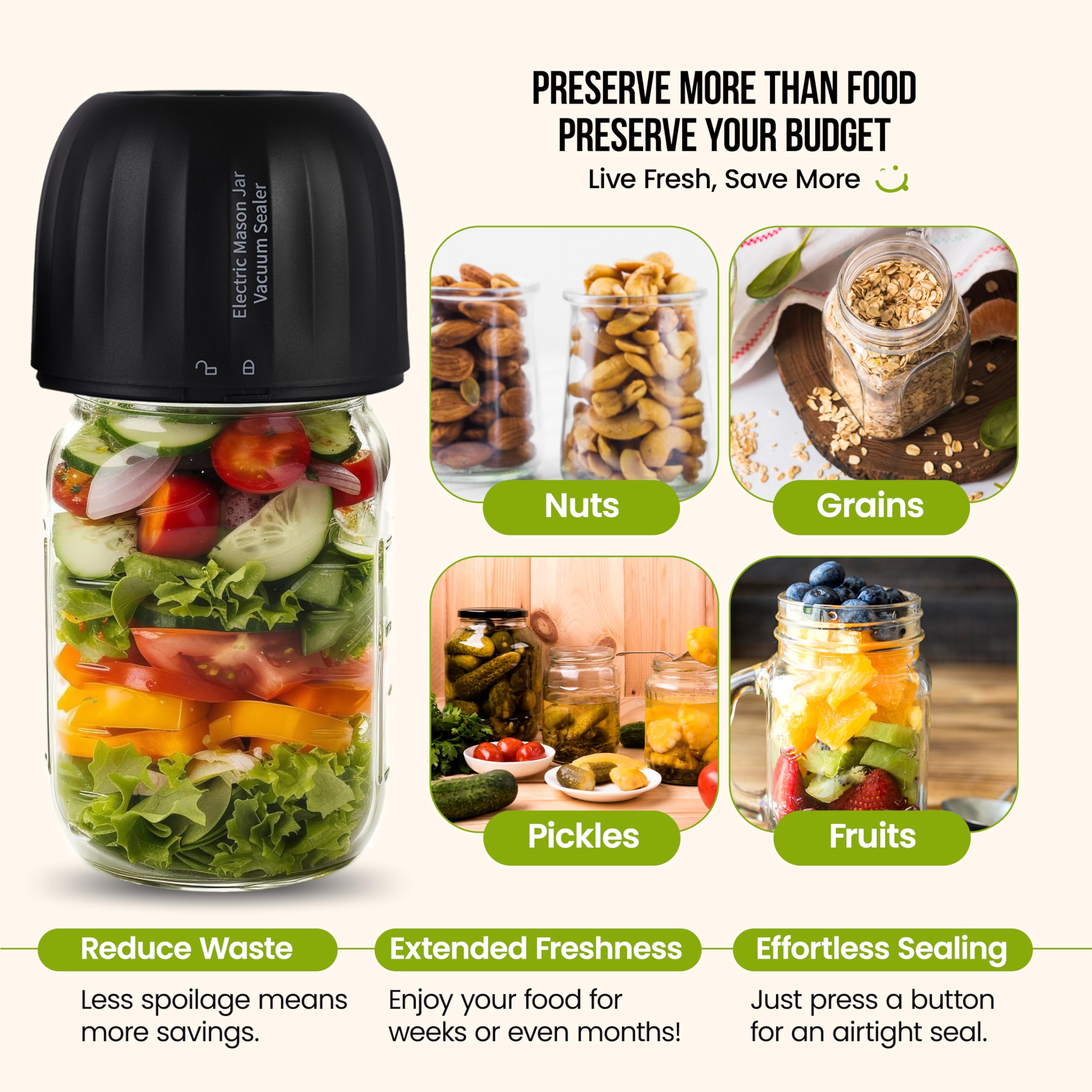 3-in-1 Electric Mason Jar Vacuum Sealer Kit - Wide & Regular Mouth Jar Sealer with Auto-Stop, Anti-Slip Grip & Opener - Includes Lids & Vacuum Bags for Food Storage, Meal Prep & Canning - Perfect for Home Kitchen, Camping & Emergency Food Preservation