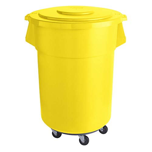 55 Gallon (220 Qt / 208L) Commercial Round Yellow Trash Can with Lid & Wheels - Heavy Duty Kitchen Garbage Bin, Restaurant Waste Basket, Recycling Container for Food Service, Hotels & Industrial Use