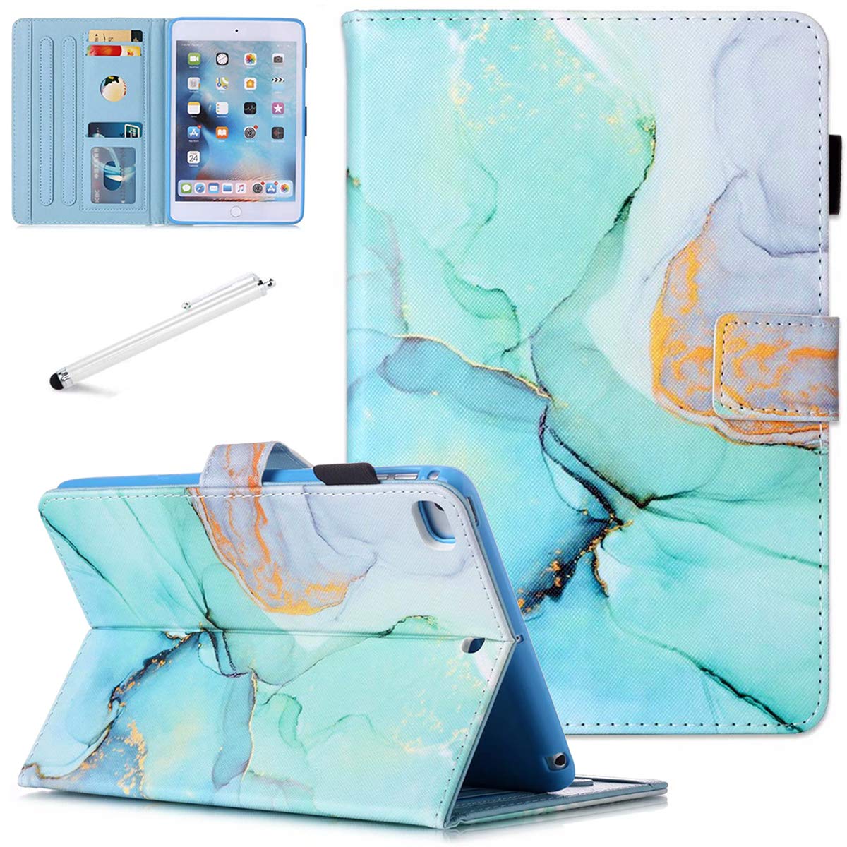 FANCITY iPad 9.7 Inch Case (2017/2018/Air/Air 2) - Premium PU Leather Protective Cover with Auto Wake/Sleep, Magnetic Closure, Kickstand, Card Slot & Pen Holder - Green Marble Design for Work, Study & Travel