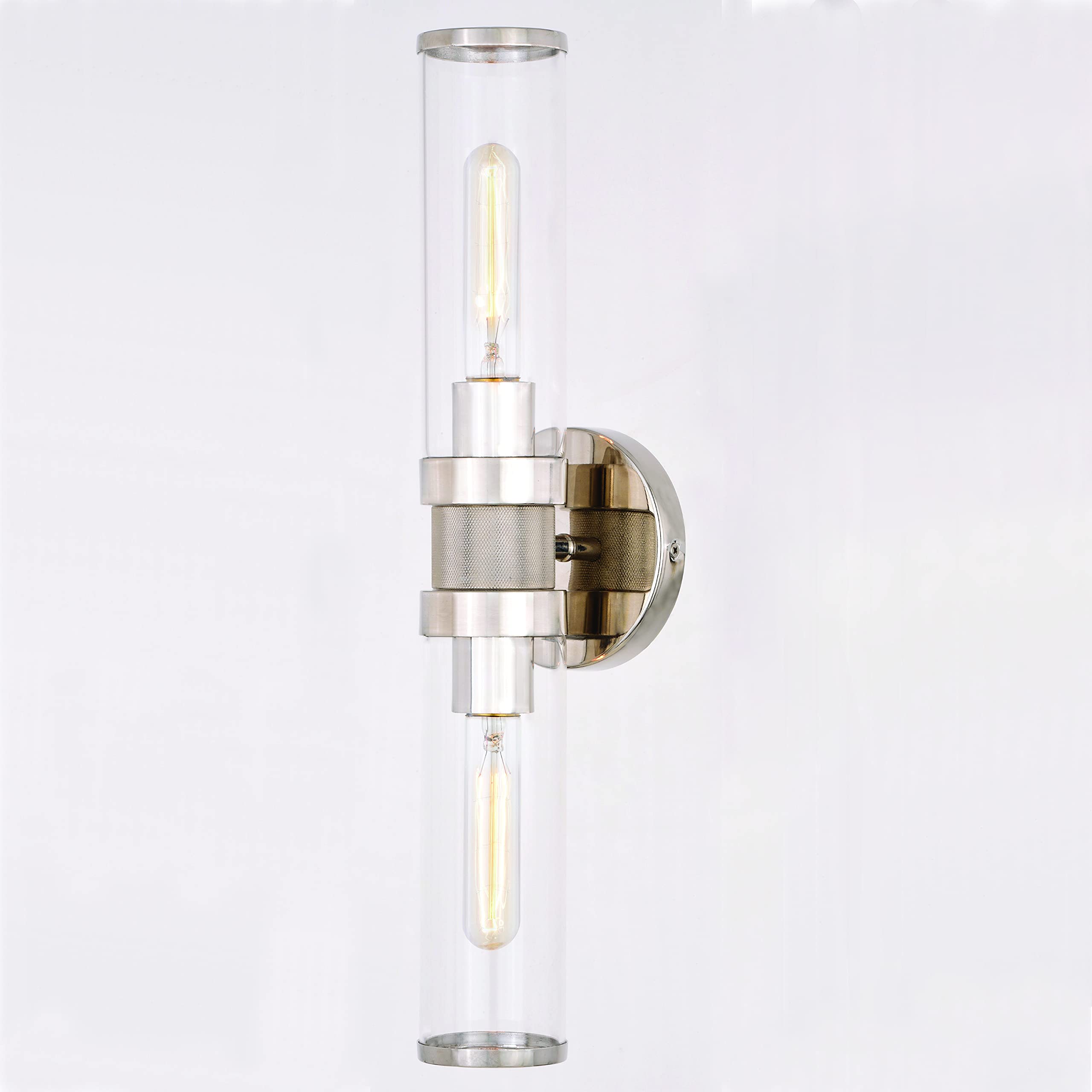 VAXCEL Levitt 2-Light Bathroom Vanity Light Fixture - Mid Century Modern Industrial Style with Polished Nickel Finish & Clear Glass Shades - Perfect for Bathroom, Powder Room, and Dressing Area Lighting