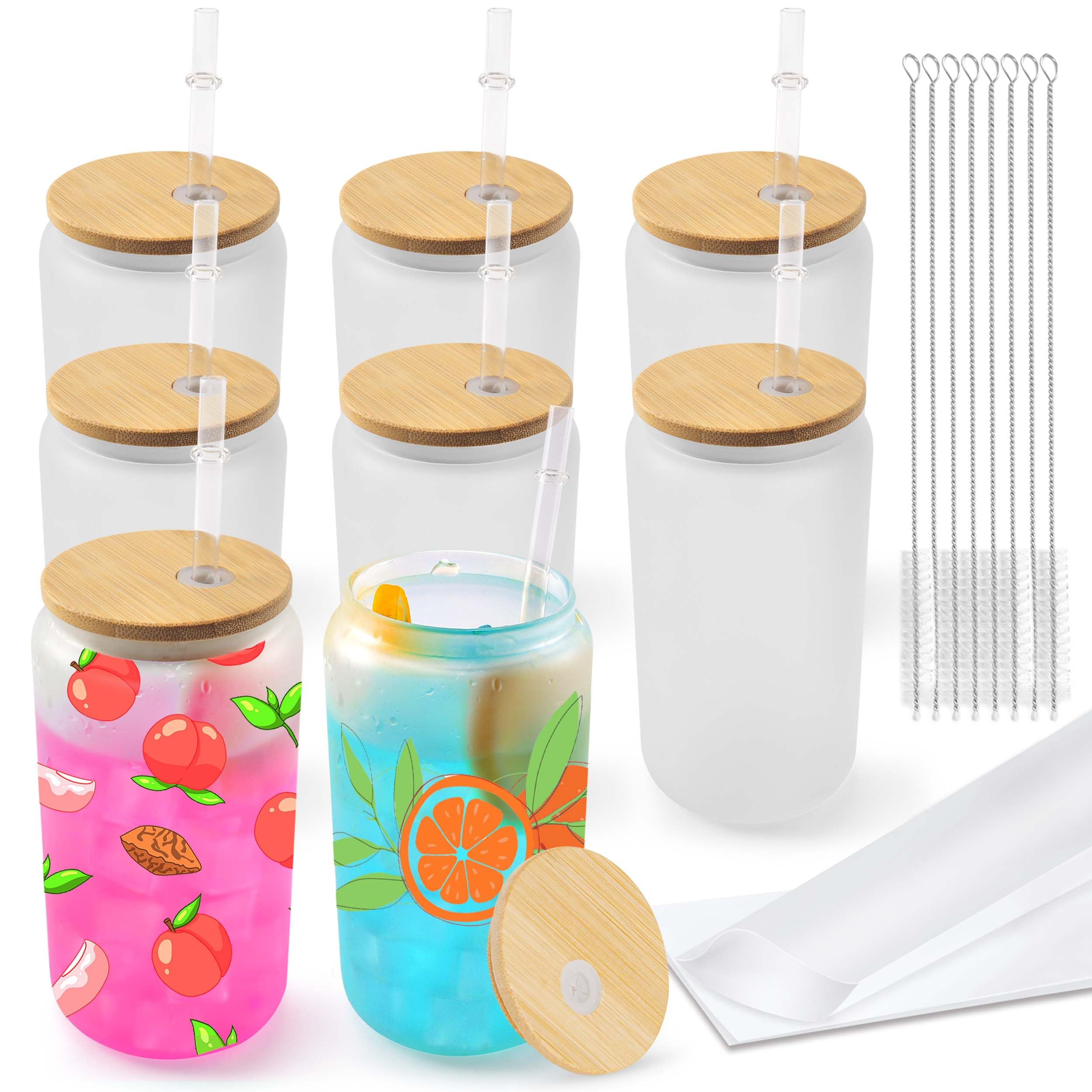 Joyclub 8 Pack Sublimation Glass Cups with Bamboo Lids & Straws - 16oz Frosted Tumblers for DIY Customization - Perfect for Iced Coffee, Beer, Juice, Soda - Great for Home, Office, Parties & Gifts