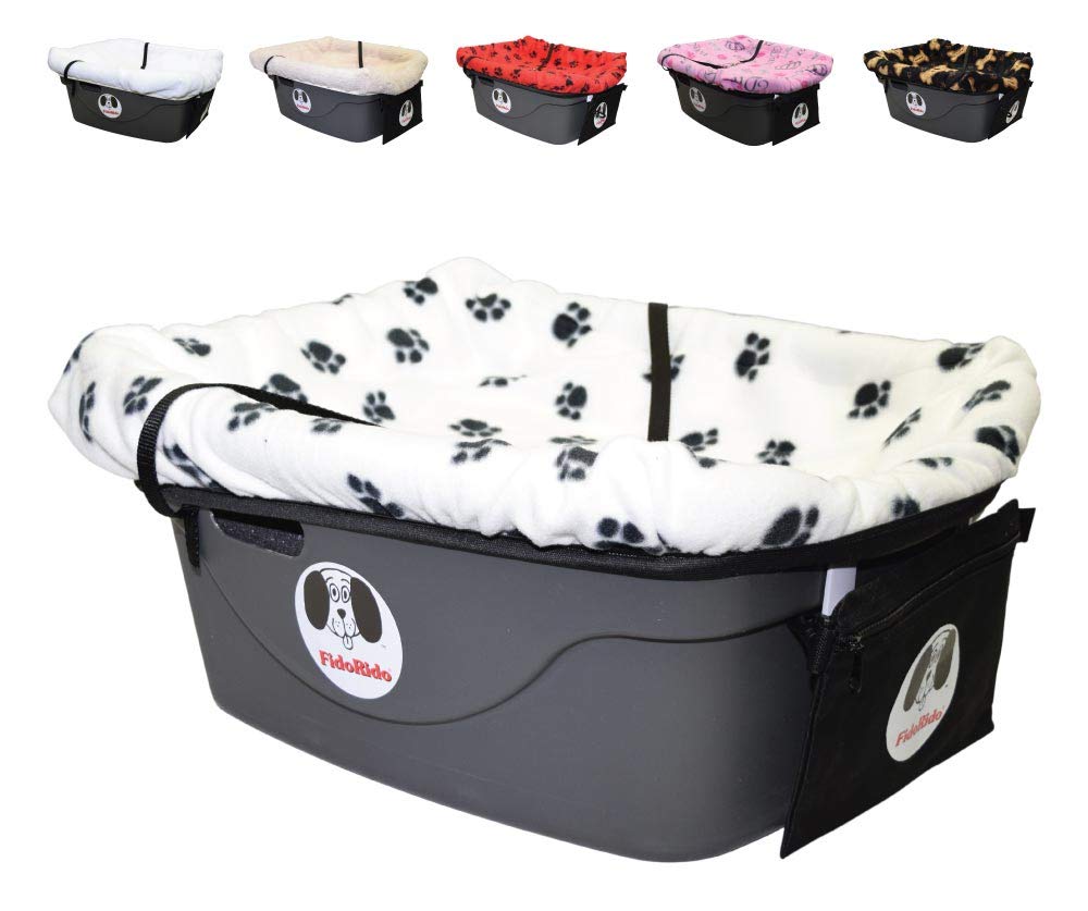 FidoRido Dog Car Seat for Small to Medium Dogs - Pet Booster Seat with Soft Fleece Cover (White with Black Paw Prints), Secure Harness & Straps - Durable Plastic Base & Comfortable Cushions - Easy Installation & Cleaning - Perfect for Road Trips, Vet Visits & Daily Car Rides