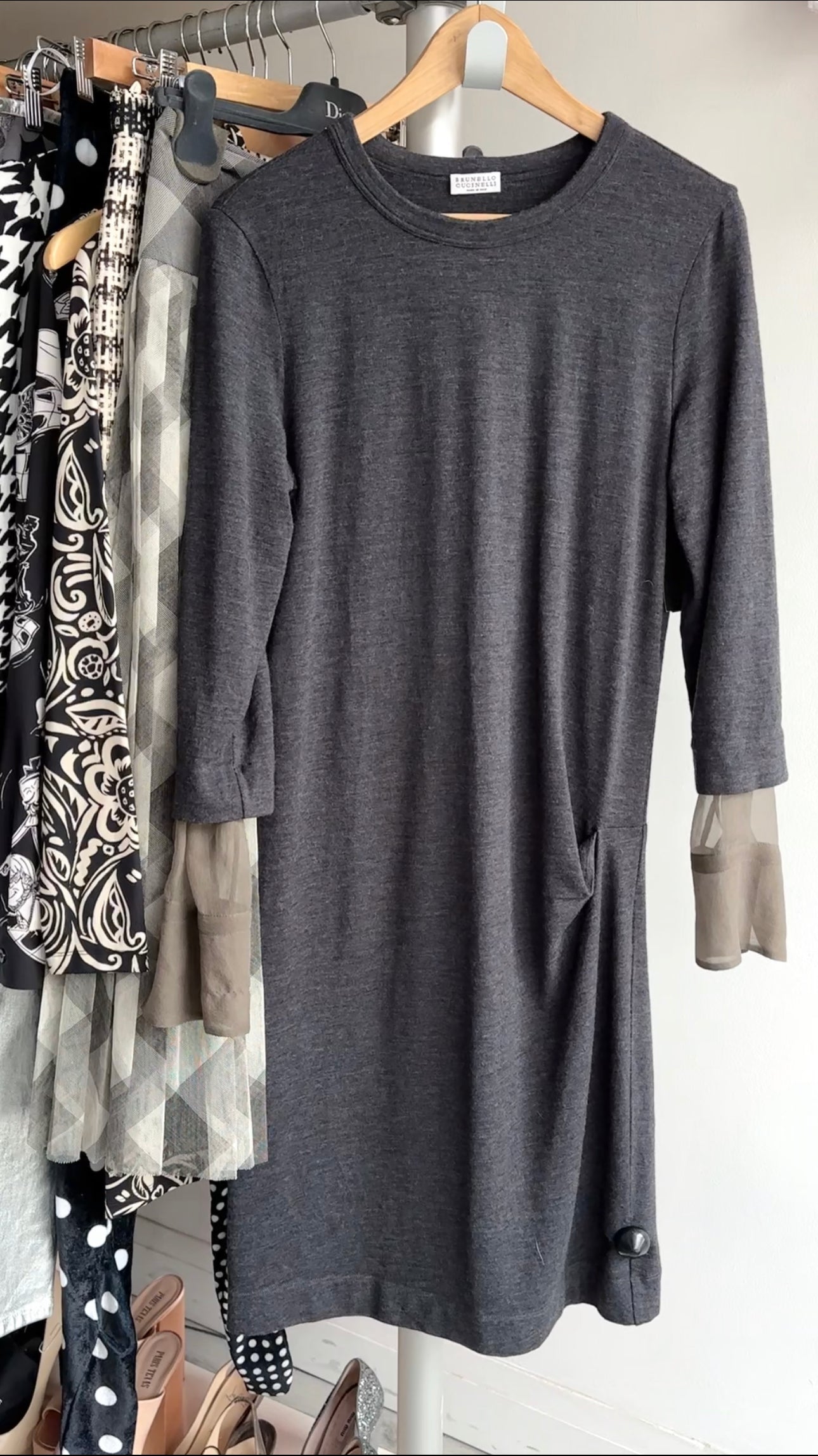Brunello Cucinelli Charcoal Grey Wool Dress with Silk Inset - Women's Size L (8/10) | Elegant Office Wear & Special Occasion Outfit