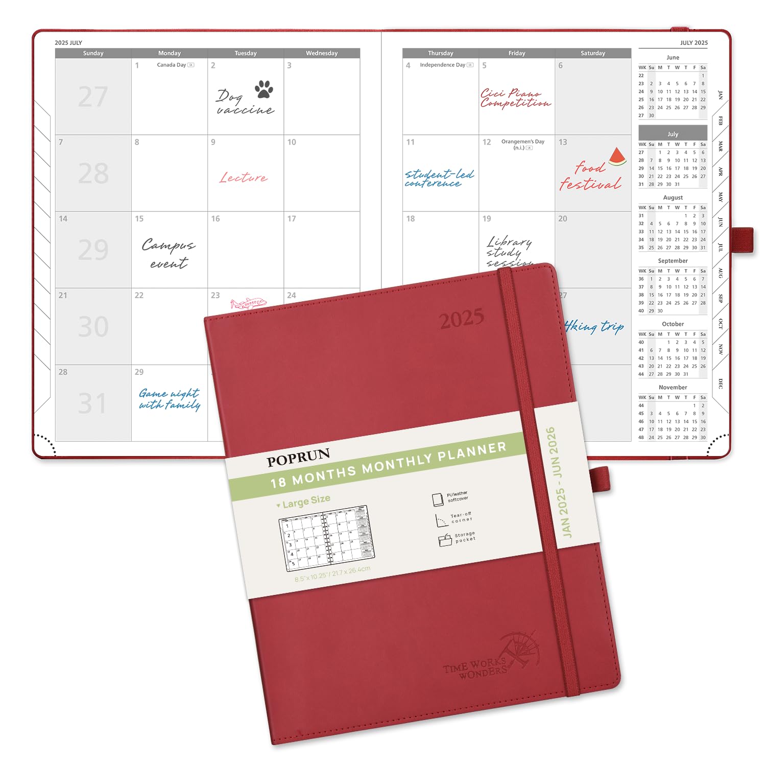 POPRUN 2025-2026 Monthly Planner - 18-Month Calendar Book (Jan 2025-Jun 2026) with Tabs & Pocket, Large 8.5