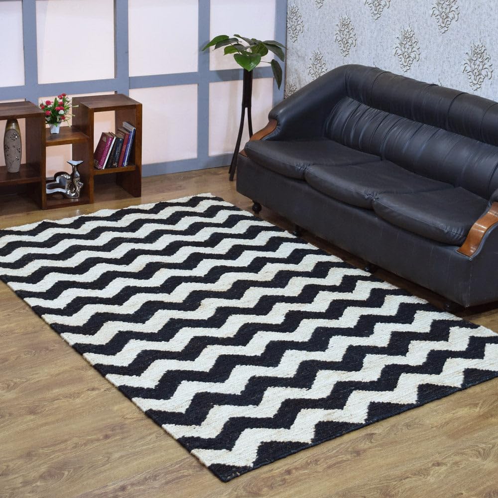 Hand Knotted SUMAK Jute Eco-Friendly Contemporary Area Rug 8'x10' Rectangle - Cream & Black High Pile Natural Fiber Rug for Living Room, Bedroom & Outdoor Use | Handmade Indoor/Outdoor Rug (J00014)