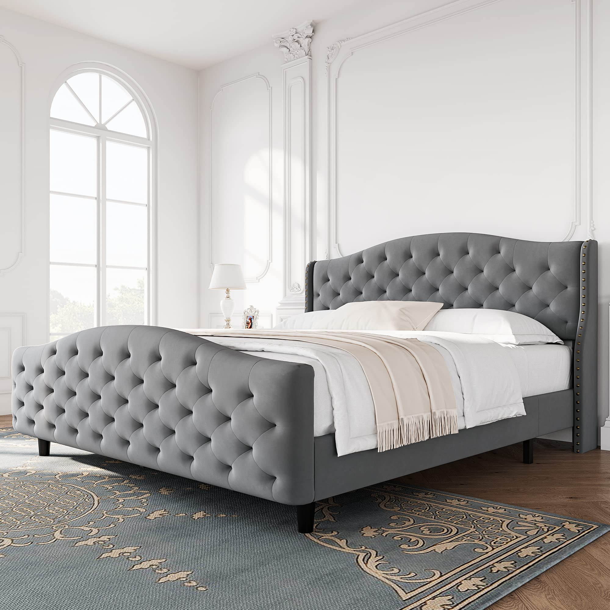 Alkmaar King Size Bed Frame with Upholstered Headboard & Footboard - Velvet Tufted Platform Bed, No Box Spring Required, Easy Assembly, Grey - Perfect for Master Bedroom, Guest Room & Modern Home Decor