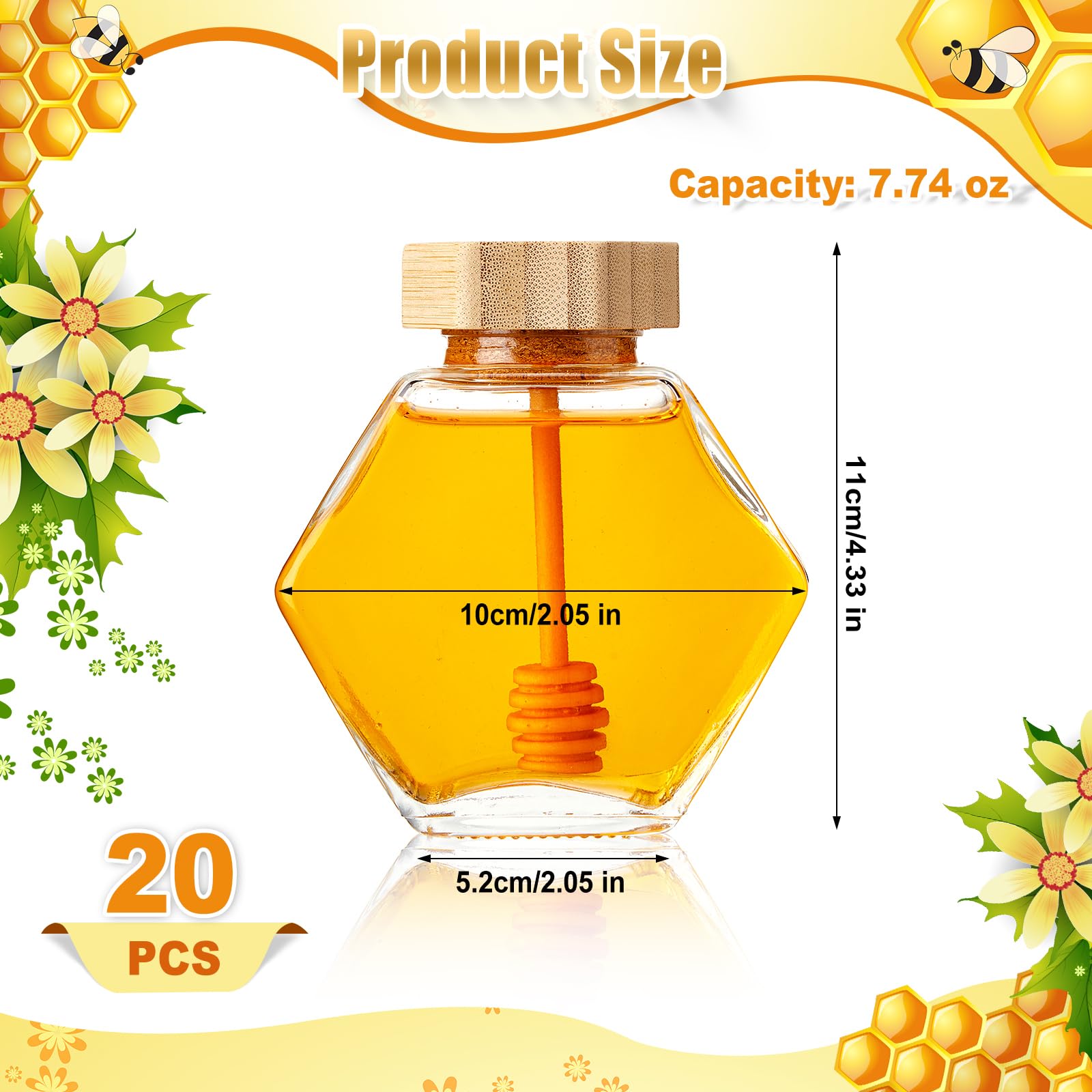 Sunnyray 8-Pack 220ml Hexagonal Honey Jars with Wooden Dipper & Cork Lid - Perfect for Kitchen Storage & Gifts