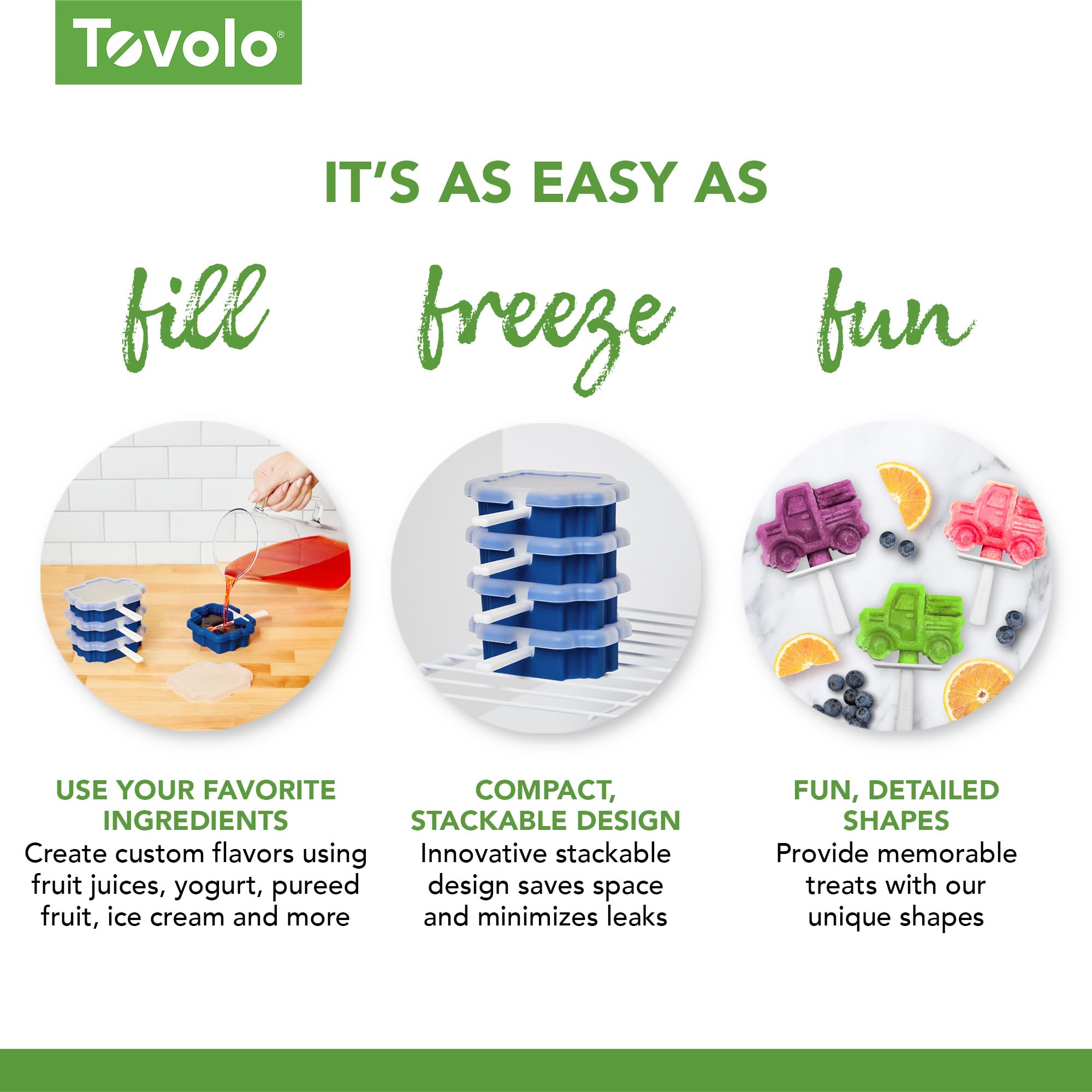 Tovolo Silicone Popsicle Molds with Sticks (4-Pack, Truck Design) - Reusable Ice Pop Molds for Homemade Flavored Ice Pops, Frozen Snacks & Healthy Treats - Stackable Popsicle Maker with Lid, Dishwasher Safe & BPA-Free - Perfect for Summer Parties, Kids Snacks & DIY Frozen Desserts
