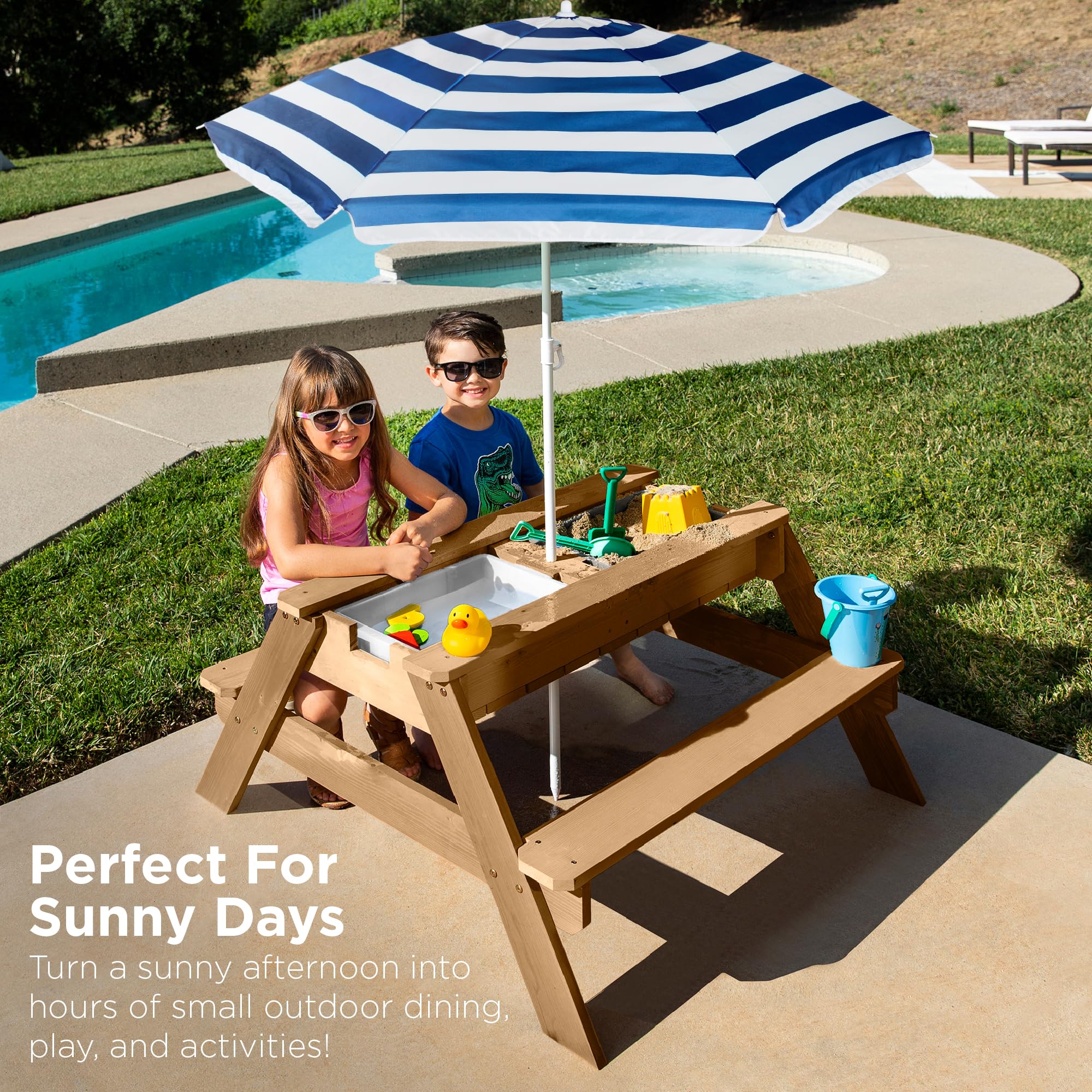 Best Choice Products Kids 3-in-1 Sand & Water Table with Convertible Picnic Top - Wooden Outdoor Activity Table with Umbrella, 2 Storage Trays & 220lb Weight Capacity - Perfect for Backyard Play, Beach Fun & Outdoor Dining (Navy Blue)