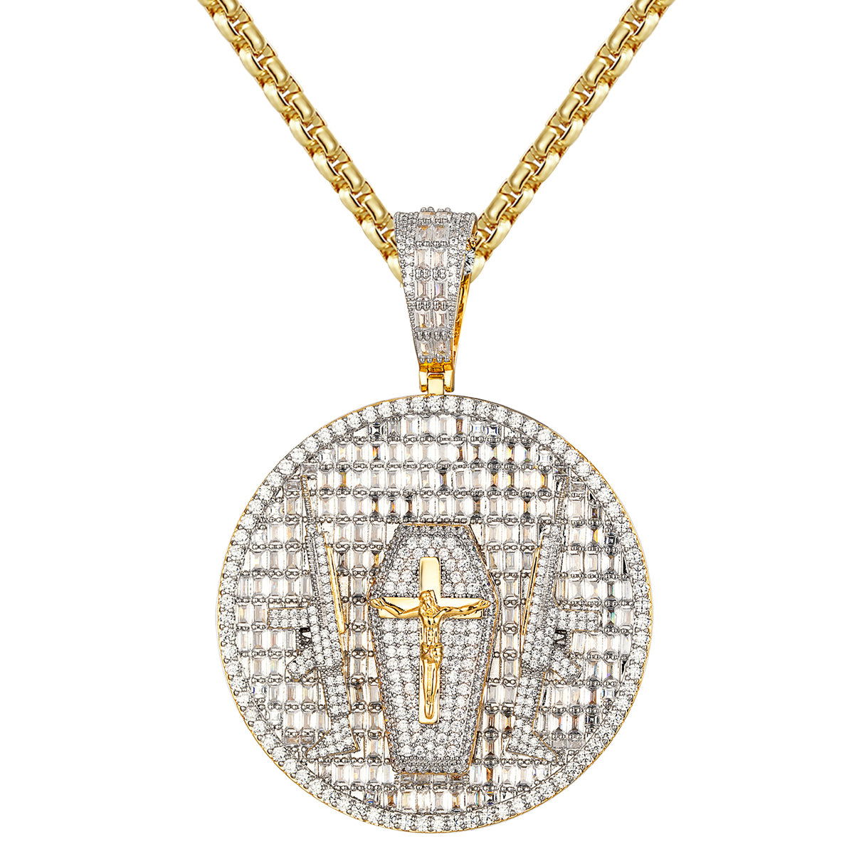 18K Gold Plated Iced Out Jesus Crucifix Coffin Circle Baguette Gun Pendant Necklace - Hip Hop Bling Jewelry for Men & Women