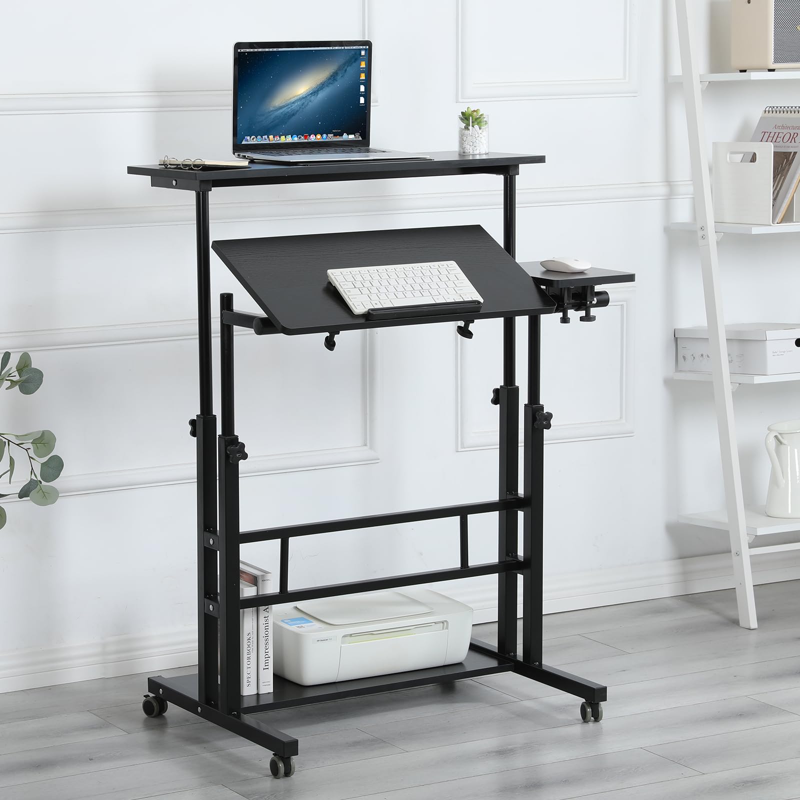 Adjustable Mobile Computer Desk Cart with Wheels - Portable Standing & Sitting Workstation for Home Office - Black - Ideal for Remote Work, Gaming & Study Spaces