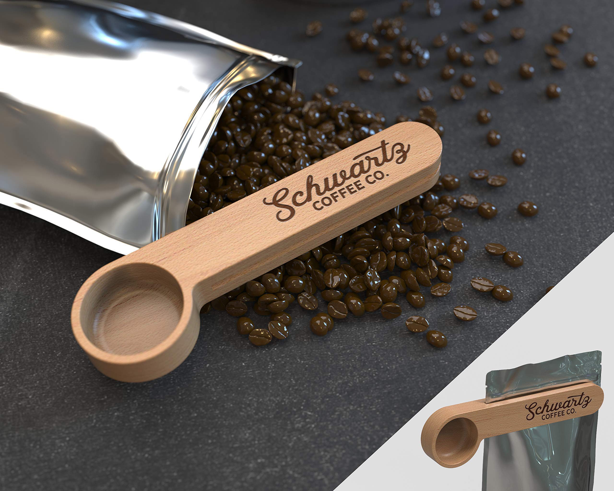 Personalized Wooden Coffee Scoop - Custom Engraved Coffee Measuring Spoon & Bag Clip - Perfect Kitchen Tool for Coffee Lovers - Ideal Gift for Home Baristas & Coffee Enthusiasts - Use for Brewing, Measuring, and Storing Coffee Beans