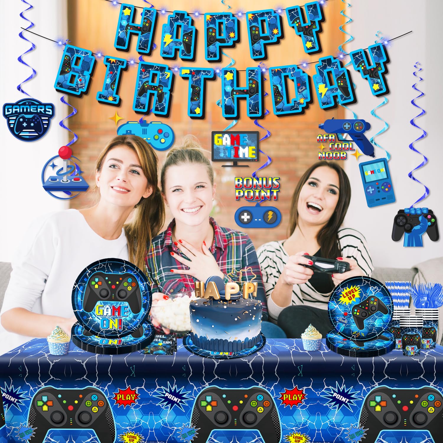 159-Piece Video Game Birthday Party Decorations Set - Includes Banner, Plates, Tablecloth & More - Gamer Themed Party Supplies for Boys - Serves 25 Guests - Blue - Perfect for Gaming Birthday Parties, Streamer Events & Esports Celebrations