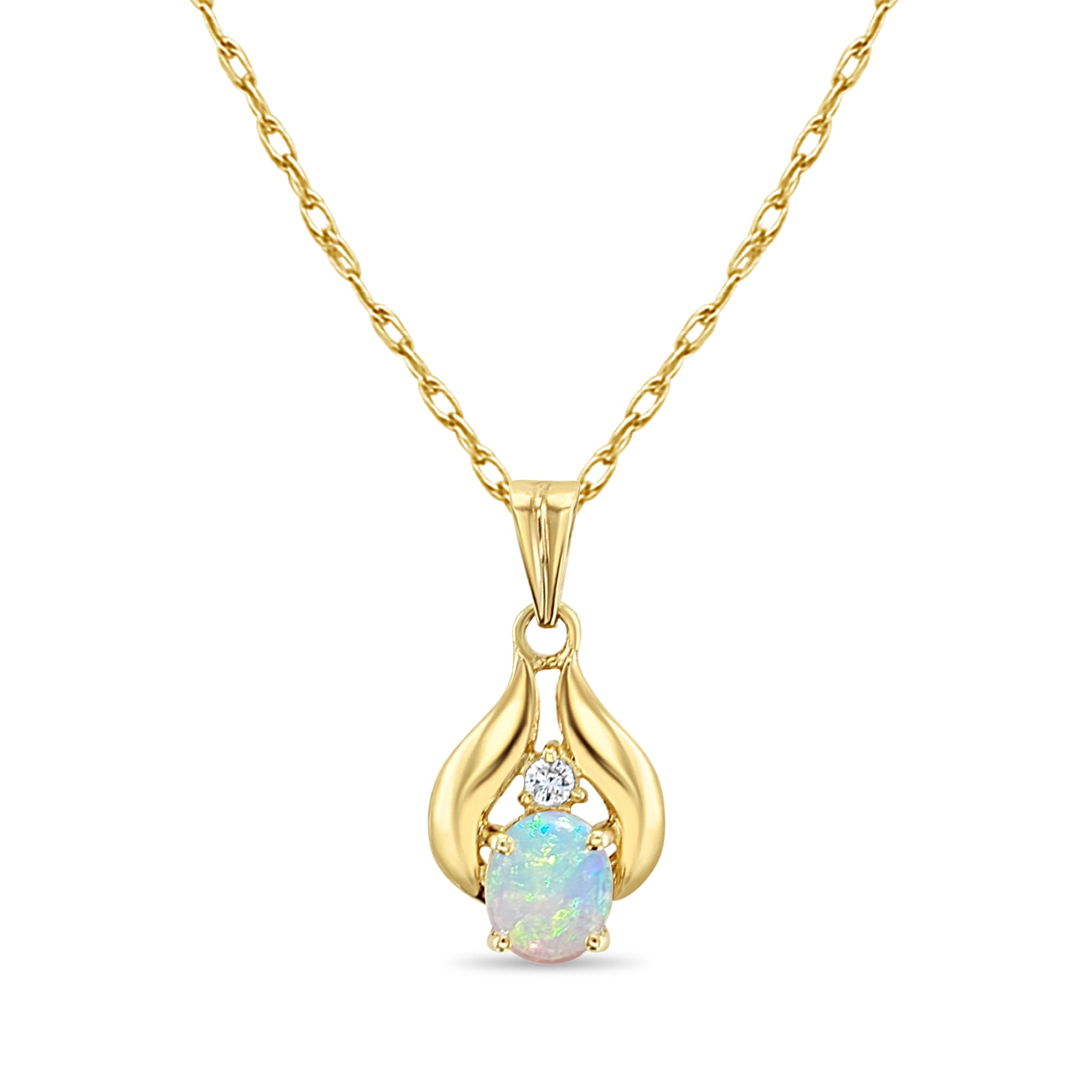 14k Yellow Gold Oval Opal Necklace with Diamond Accents - Elegant Jewelry Gift for Women, Perfect for Weddings, Anniversaries & Special Occasions