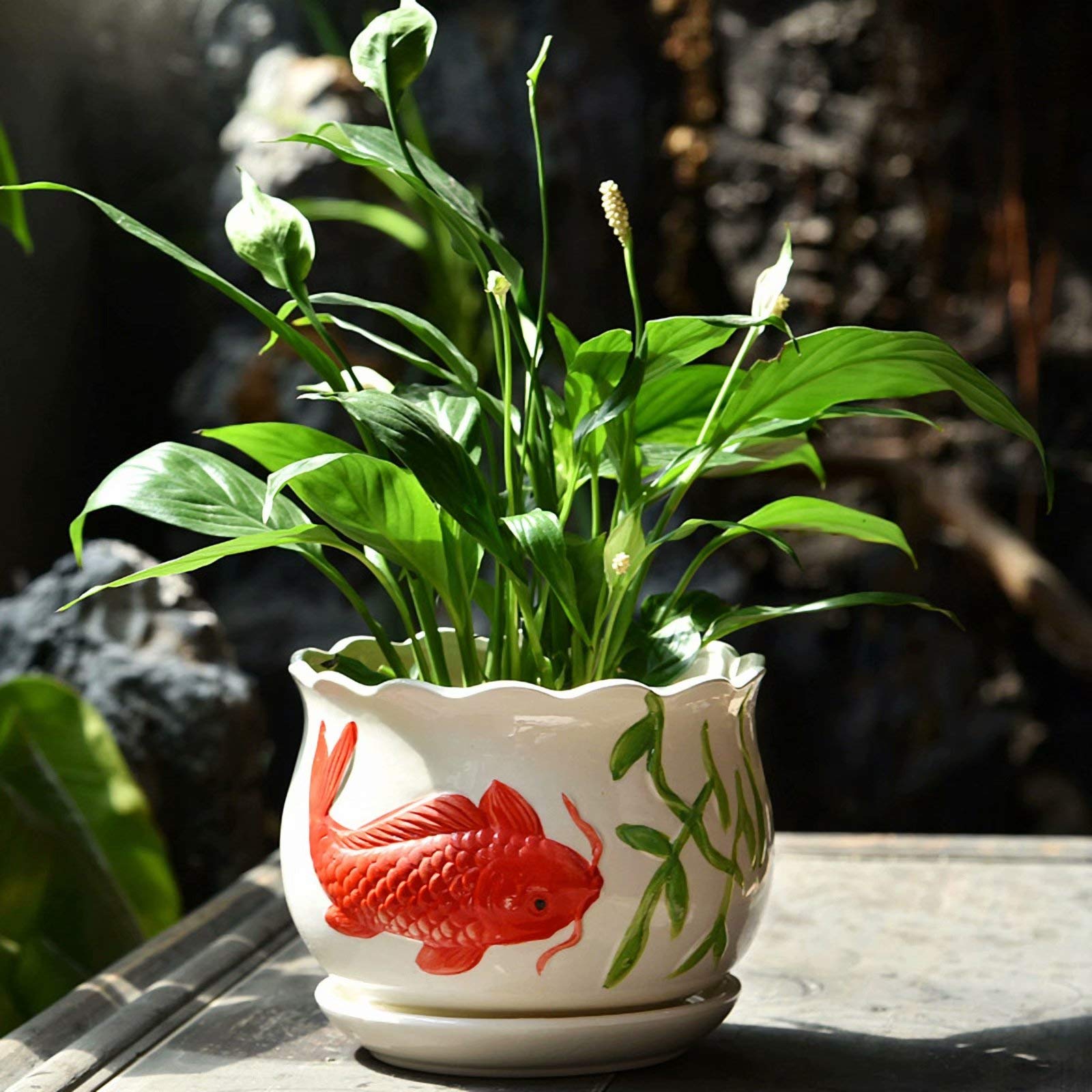 Ceramic Flower Pot with Drainage Hole & Saucer - Red Goldfish Pattern Planter for Indoor Plants, Outdoor Garden, Patio Decor - Perfect for Succulents, Herbs & Houseplants