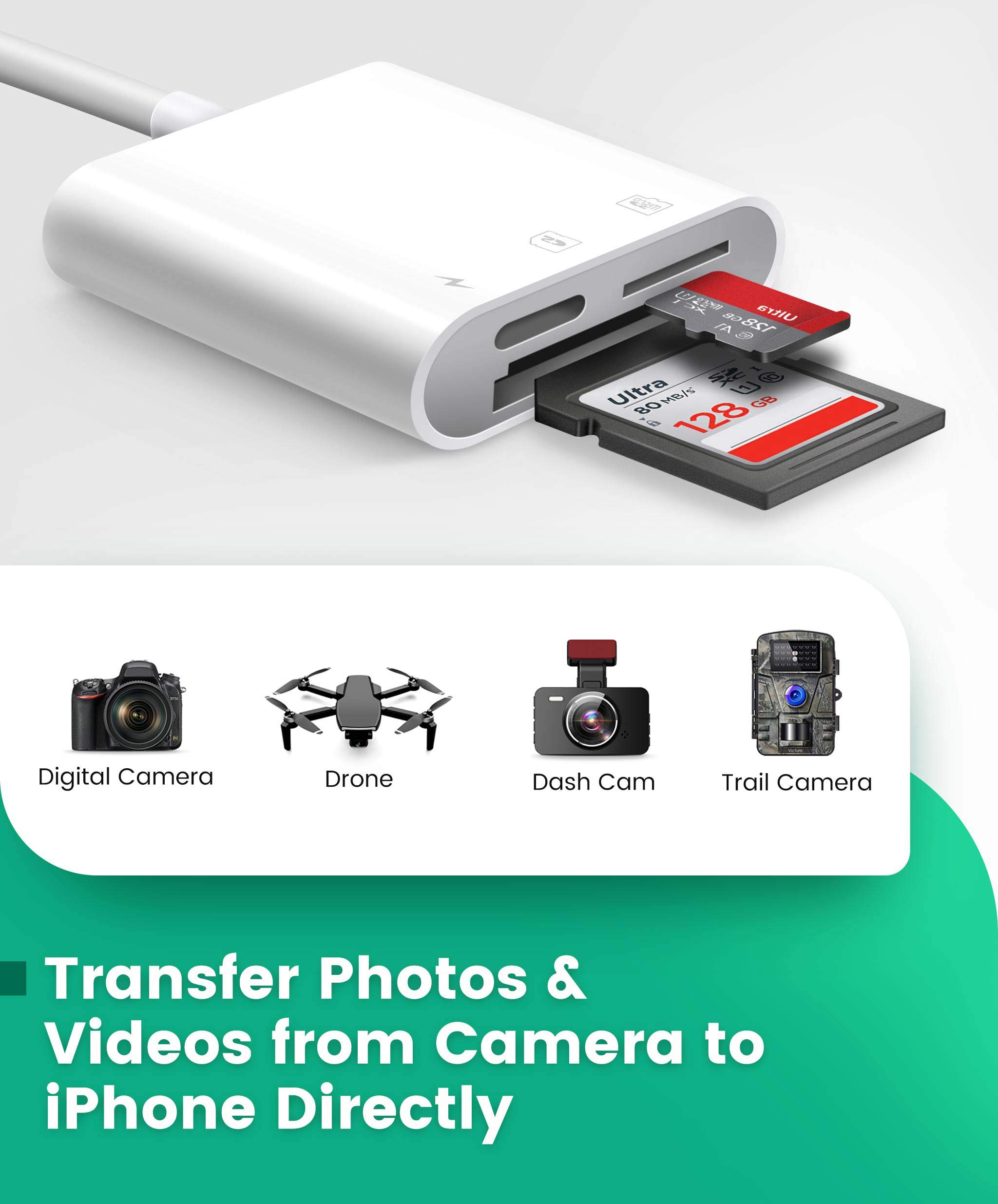**AkHolz 2-in-1 SD Card Reader for iPhone & iPad - Lightning to USB/SD Adapter for DSLR, Dash Cam, Trail Camera - Portable, No App Needed - Perfect for Travel, Photography & Data Transfer**
