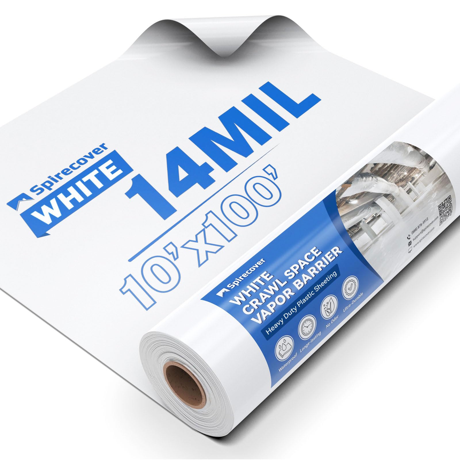 14 Mil White Vapor Barrier - 10' x 100' Heavy Duty Polyethylene Film for Crawl Space & Basement | Thick Plastic Sheeting, Moisture Barrier, Floor Protection, DIY Home Improvement Project