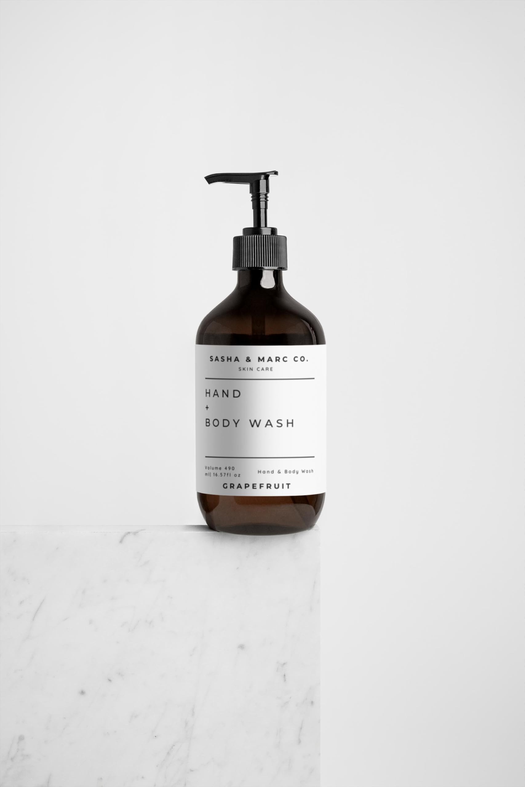 **Organic Grapefruit Hand & Body Wash - 16.57 fl oz (490ml) - Vegan, Gluten-Free, Nut-Free, Natural Certified - Refreshing Amber Bottle with Pump for Bathroom, Spa & Home Use**