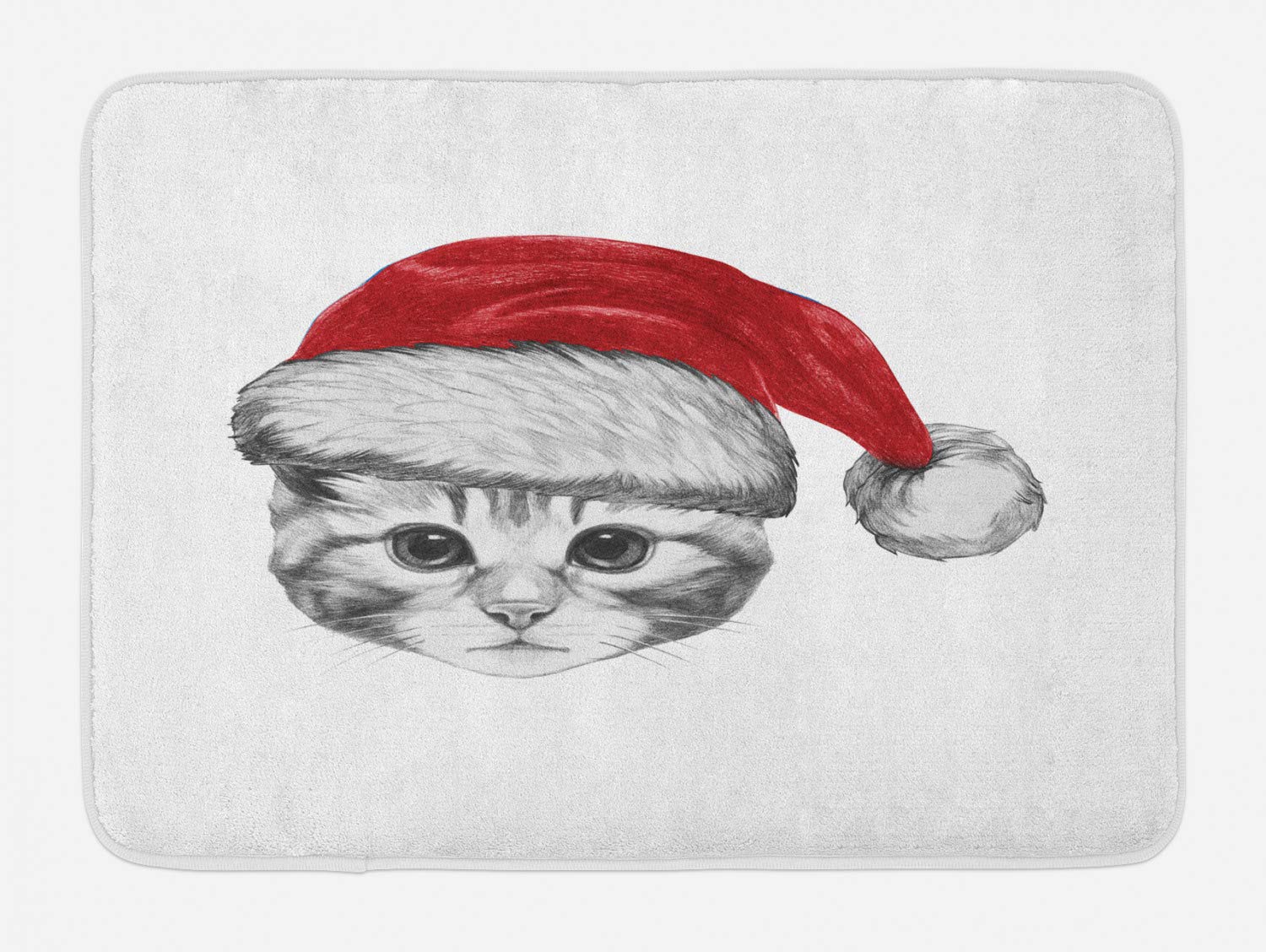 Lunarable Christmas Bath Mat - Cute Kitten in Santa Hat Hand-Drawn Print, Non-Slip Plush Bathroom Rug, 30.2 x 20 Inches, Ruby Grey - Perfect Holiday Decor for Cat Lovers & Cozy Bathroom Gift