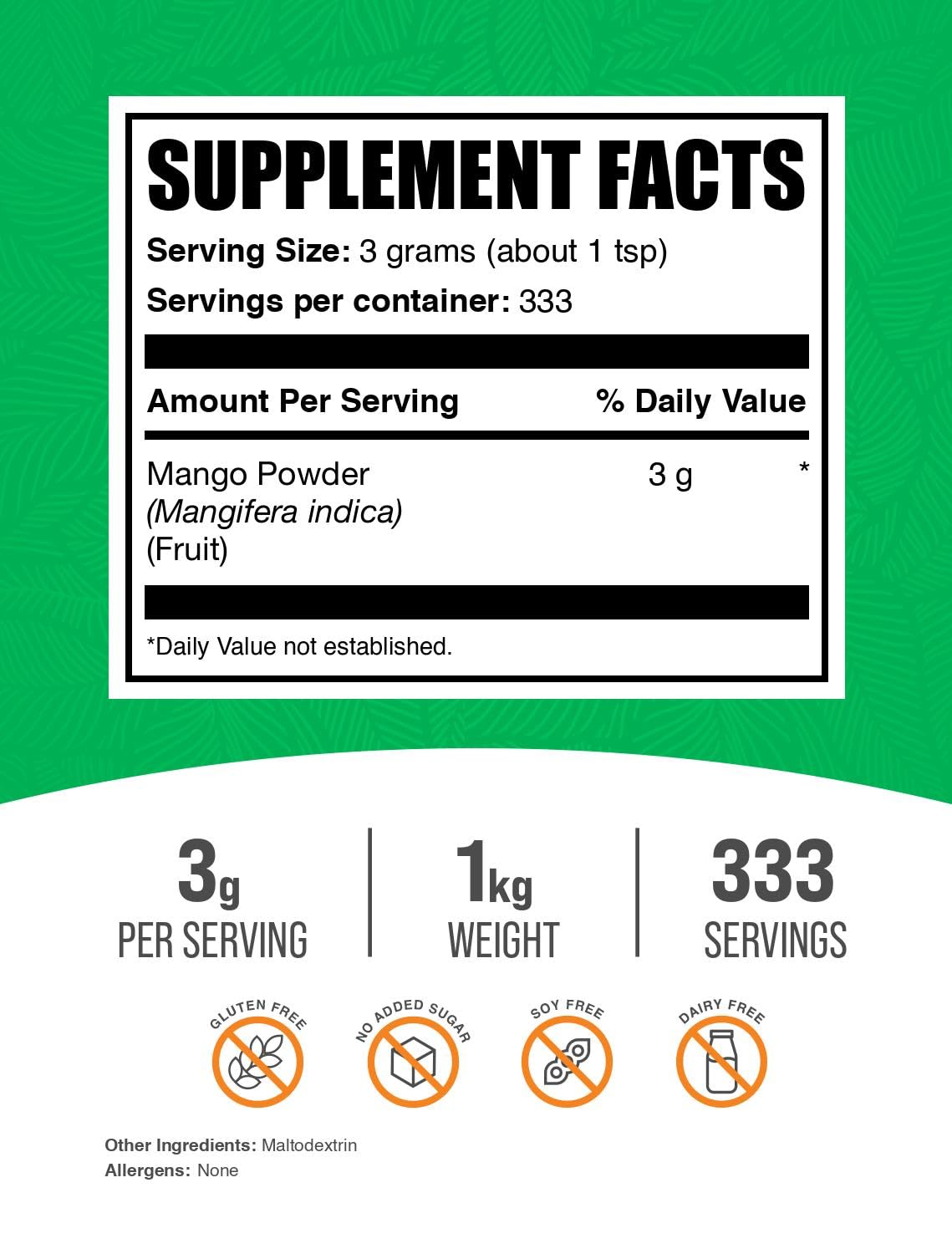 BulkSupplements.com Pure Mango Powder - 100% Natural Mango Fruit Powder for Smoothies, Baking & Cooking - Gluten Free, Sugar Free, Vegan - 3g per Serving, 1kg (2.2 lbs) Pack - Perfect for Protein Shakes, Desserts & Healthy Snacks