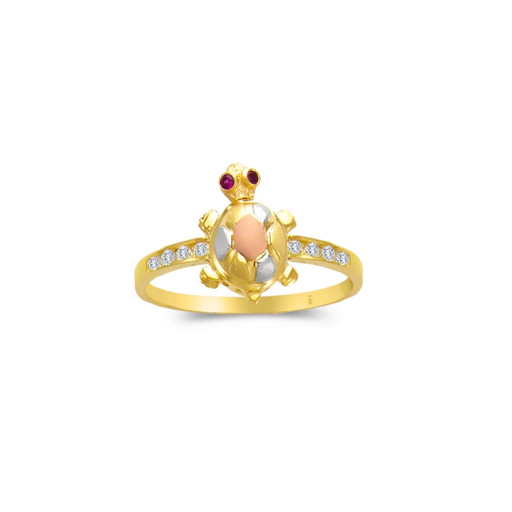 14K Tricolor Gold Turtle Ring for Women - Elegant Rose, White & Yellow Gold Jewelry Gift - High Polish & Satin Finish - 15mm Center Stone - Perfect for Birthdays, Anniversaries & Everyday Wear