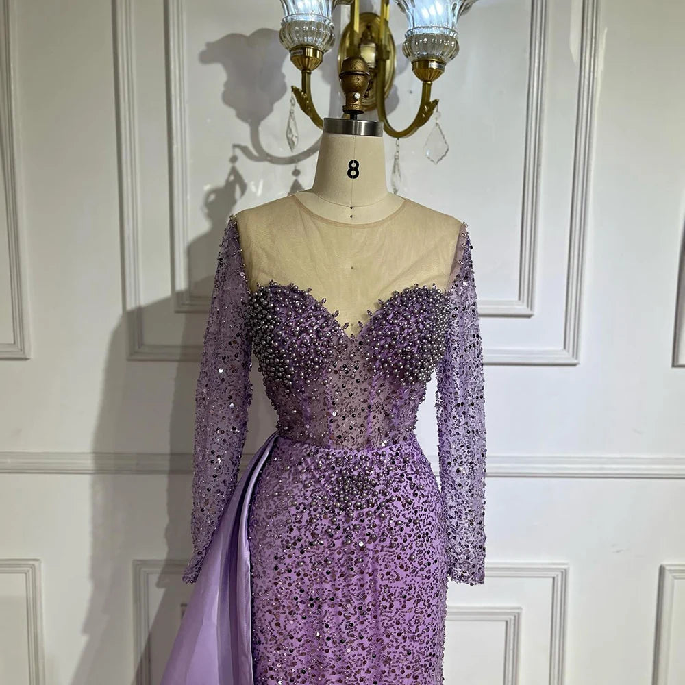 Elegant Purple Mermaid Evening Dress with Overskirt & Pearl Beading - Luxury Women's Formal Gown for Weddings, Prom, Black Tie Events & Special Occasions