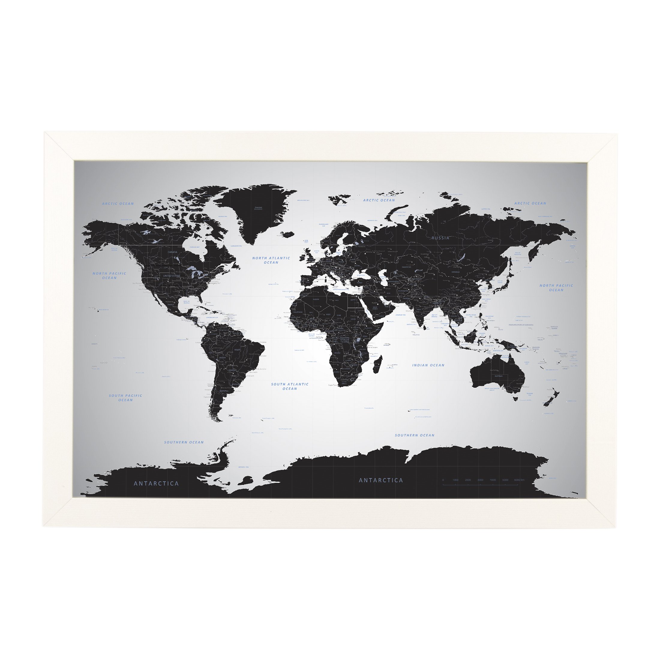 Push Pin Travel Map - Black Ice World Textured White Framed Pin Board for Tracking Adventures - 27.5