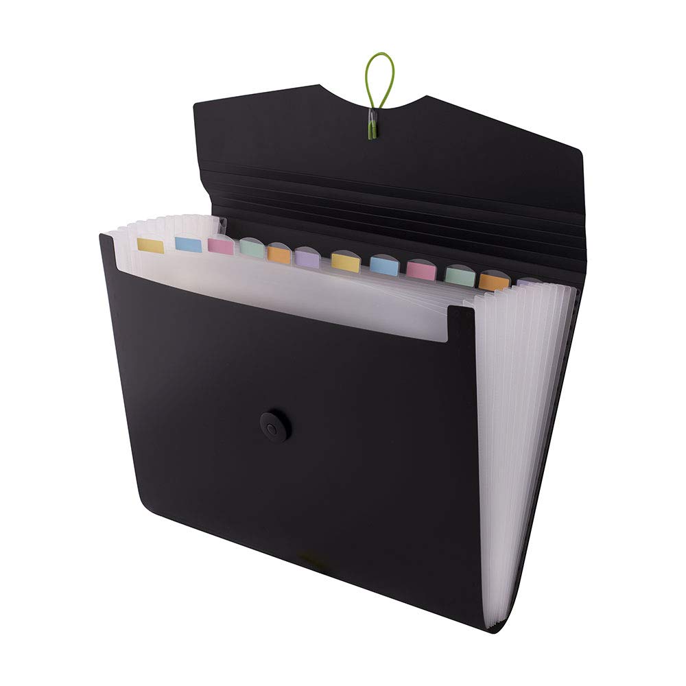 D.RECT 5580 - 12 Pocket Expandable A4 File Organizer | Black Accordion Folder for Documents | Office Paper Storage Solution - Perfect for Business, School & Home Organization