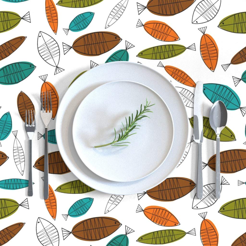Custom Printed Cotton Sateen Tablecloth 70x120 Inches - Vintage 1950s Hawaii Beach Fish Pattern, Mid Century Modern Hand-Drawn Art | Perfect for Dining Tables, Picnics & Retro-Themed Parties