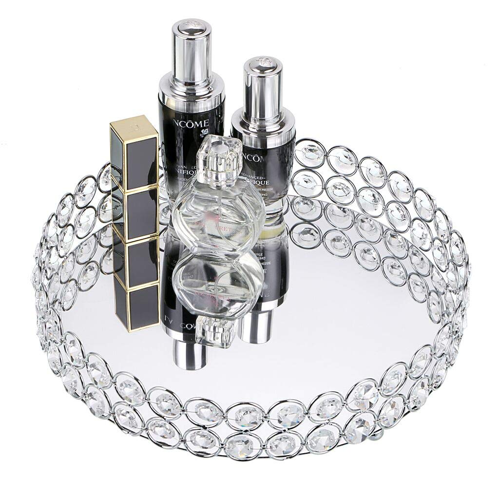 Hipiwe Crystal Vanity Tray - Silver Mirrored Jewelry Organizer for Makeup, Perfume & Accessories | Decorative Dresser Tray for Home Decor & Beauty Display | Perfect for Bedroom, Bathroom & Dressing Table Organization (Medium Size)