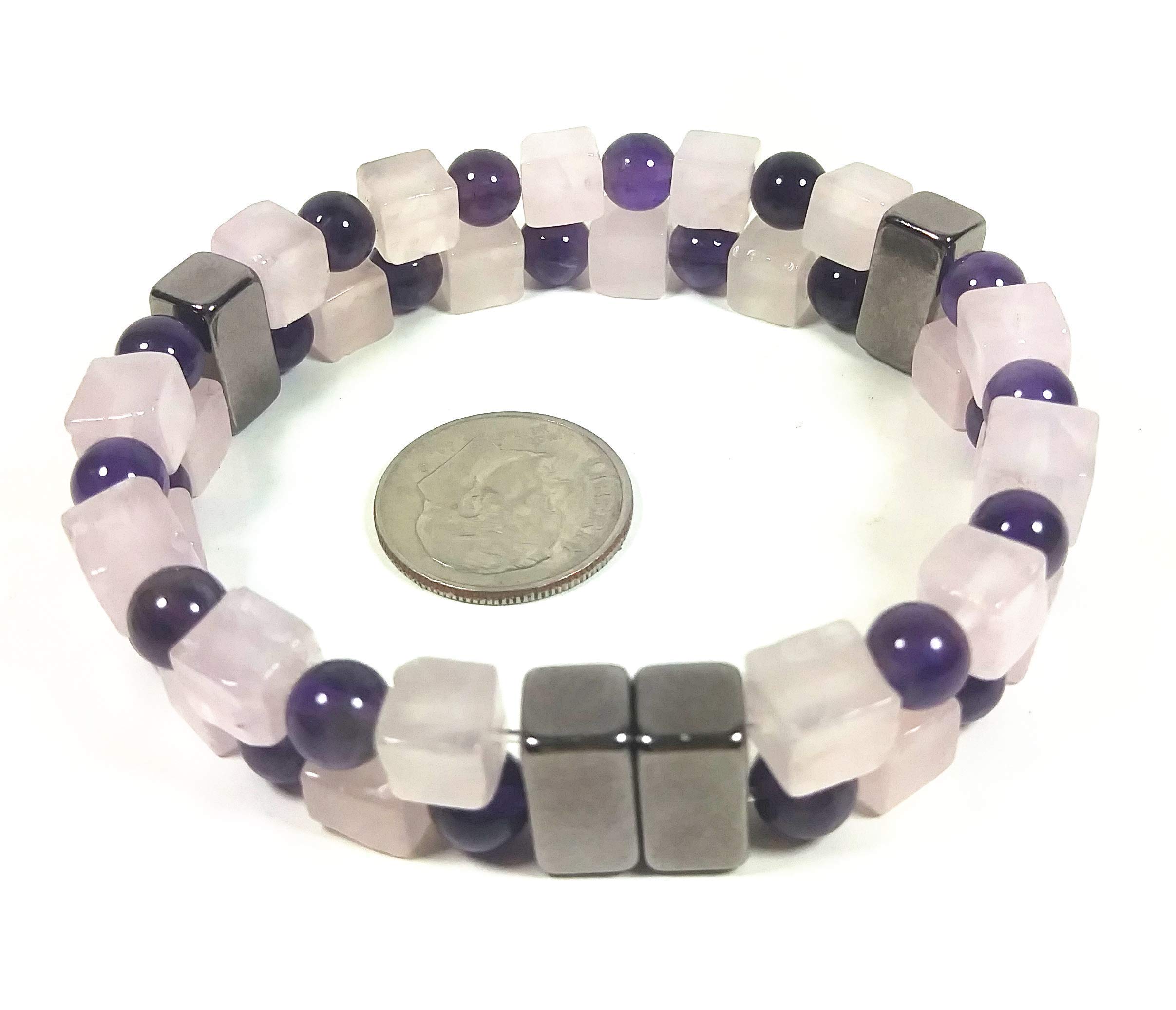 Amethyst & Rose Quartz Healing Bracelet for Men & Women - Double Magnet Therapy Clasp for Arthritis & Joint Pain Relief - Good Luck & Confidence Booster - Perfect for Meditation, Yoga & Daily Wear