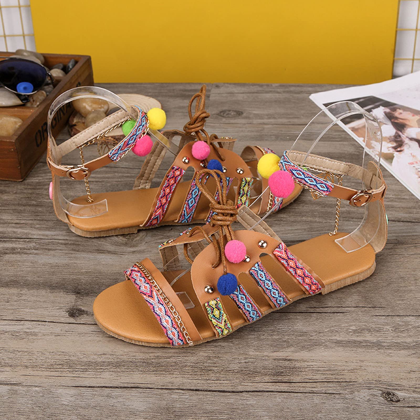 AnFeng Women's Bohemian Flat Fish Mouth Sandals - Comfortable Summer Beach Sandals for Women (Brown, Size 6.5-7) | Perfect for Vacation, Casual Outings & Beach Wear