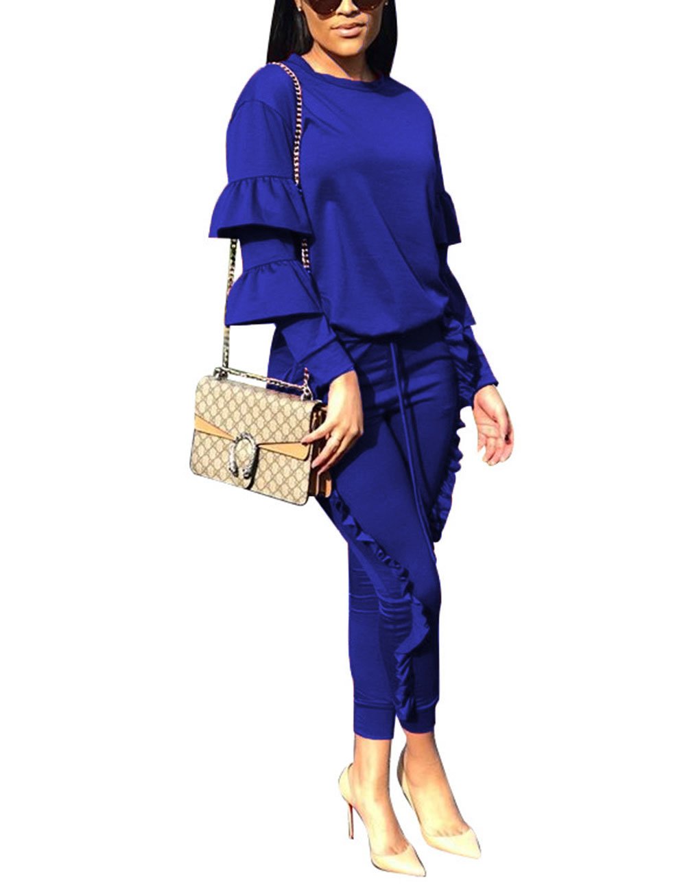 AKMIPOEM Women's 2-Piece Outfits - Ruffled Sleeve Sweatshirt & Long Pants Tracksuit Set | Casual Loungewear, Workout Clothes & Streetwear Fashion
