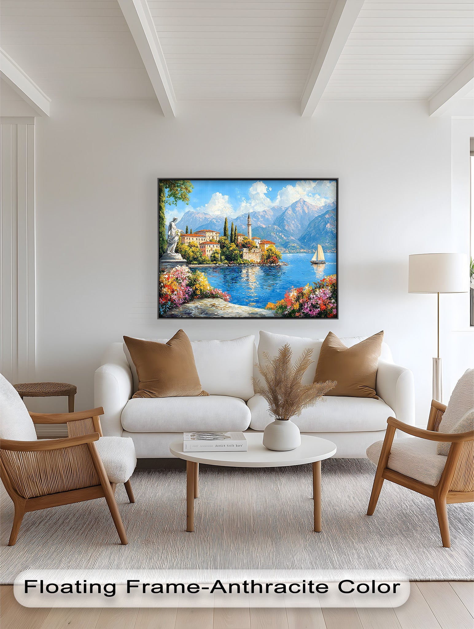Vibrant Italian Lake Town Wall Art - Hand-Painted Landscape Oil Painting for Living Room, Bedroom & Office Decor