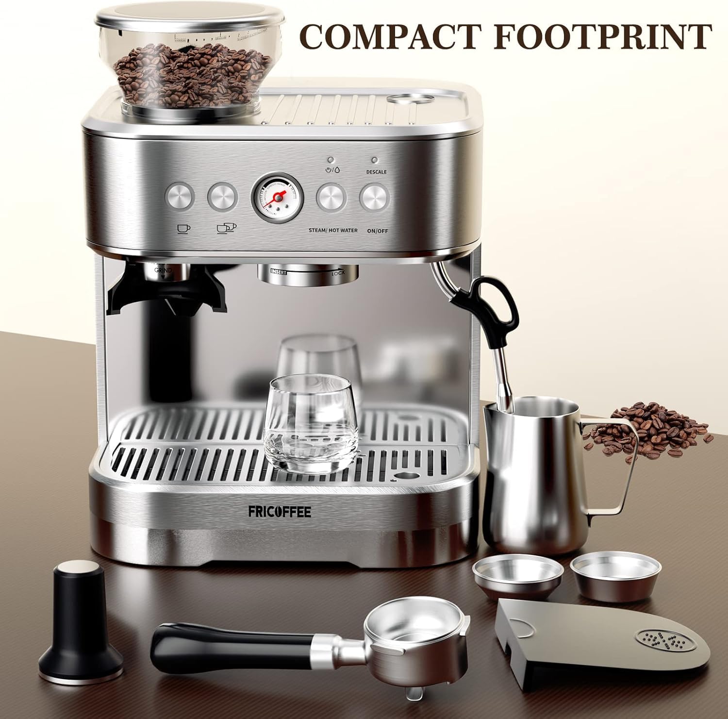 WantJoin Semi-Automatic Espresso Machine with Built-in Grinder & Milk Frother - Stainless Steel Cappuccino Maker for Home Baristas & Coffee Lovers - Perfect for Kitchen, Office, or Small Cafes