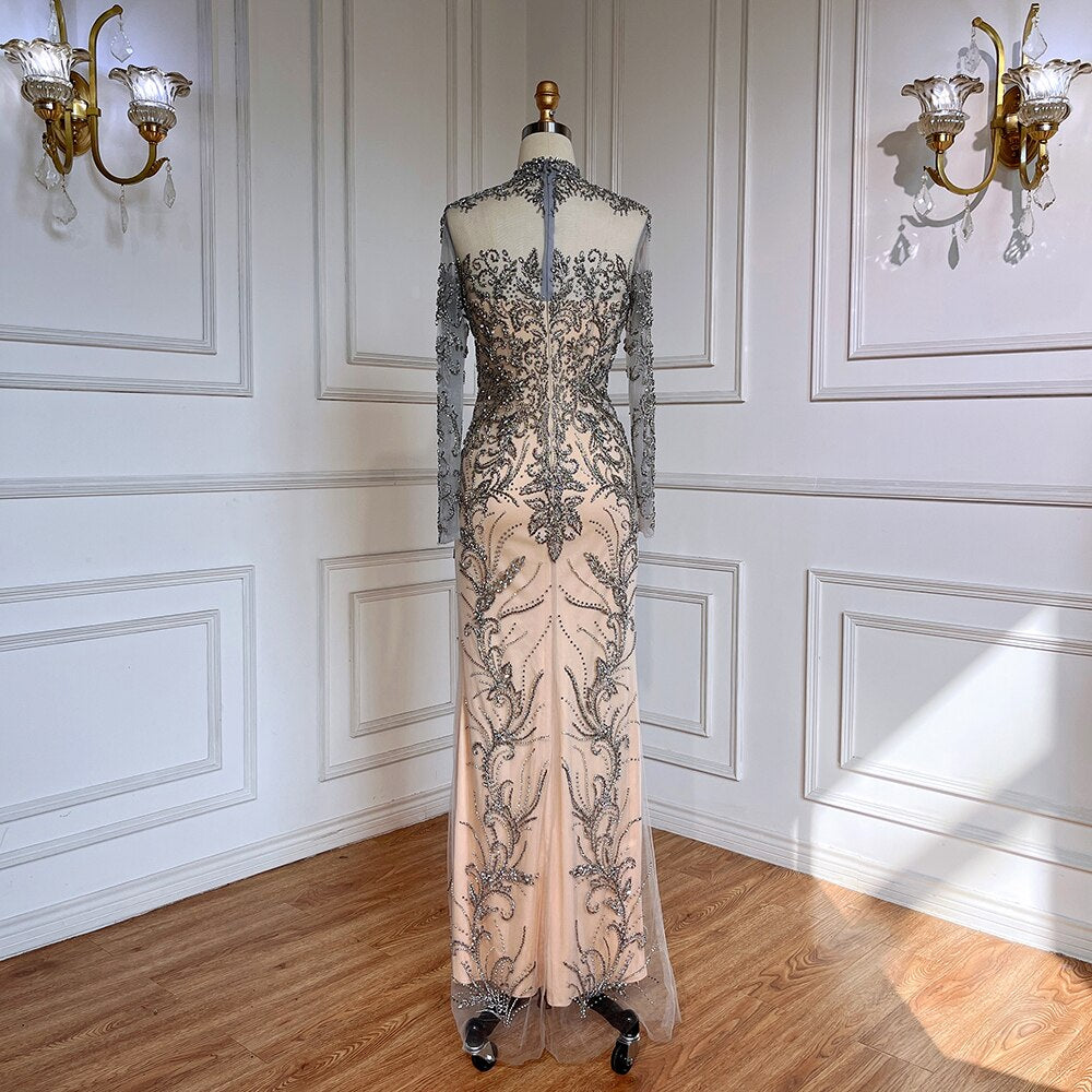 Elegant Grey Nude Mermaid Evening Dress with Lace & Beading - Luxury Women's Gown for Arabic Parties, Prom, Red Carpet & Special Occasions 2025