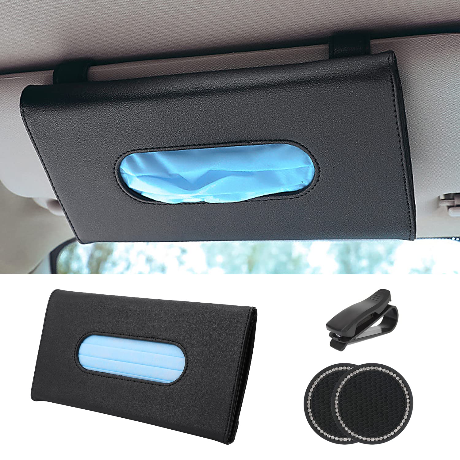 Premium PU Leather Car Visor Tissue Holder with Glasses Clip & 2 Coasters - 5-Piece Set for Car Organization (Includes Tissue Refill) - Perfect for Road Trips, Daily Commutes & Family Travel