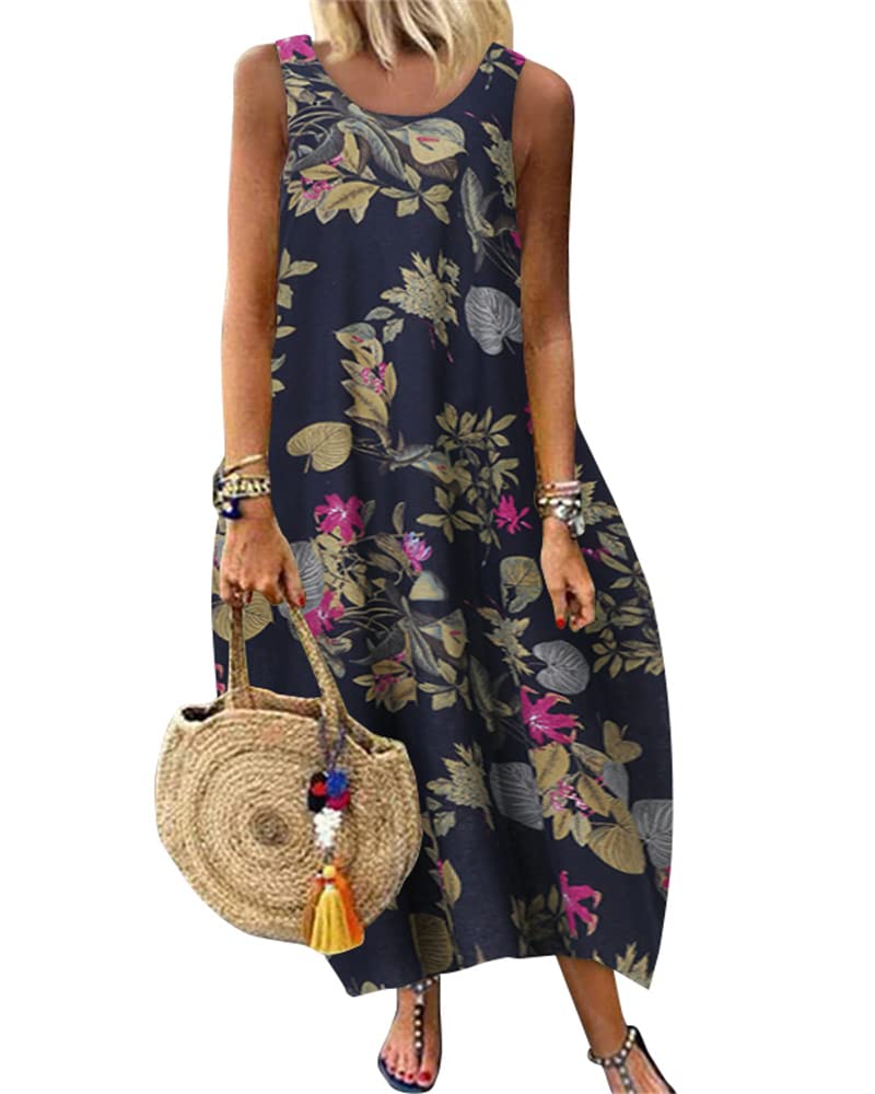 ZANZEA Women's Floral Print Boho Maxi Dress - Sleeveless Loose Fit Long Summer Dress for Beach, Party & Casual Wear | Perfect for Vacations, Outdoor Events & Everyday Comfort