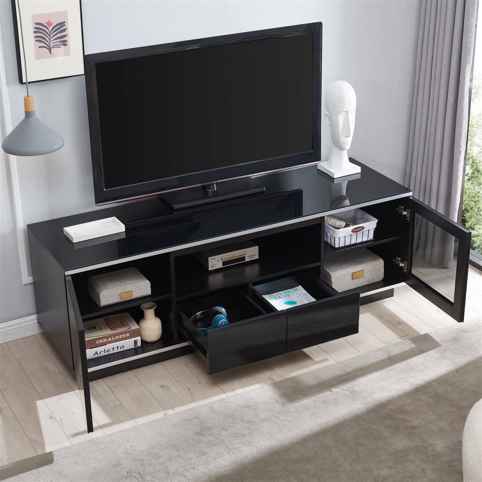 TITAN 1800 Modern TV Stand Entertainment Center - Black Media Console with Storage for Living Room, Bedroom & Home Theater