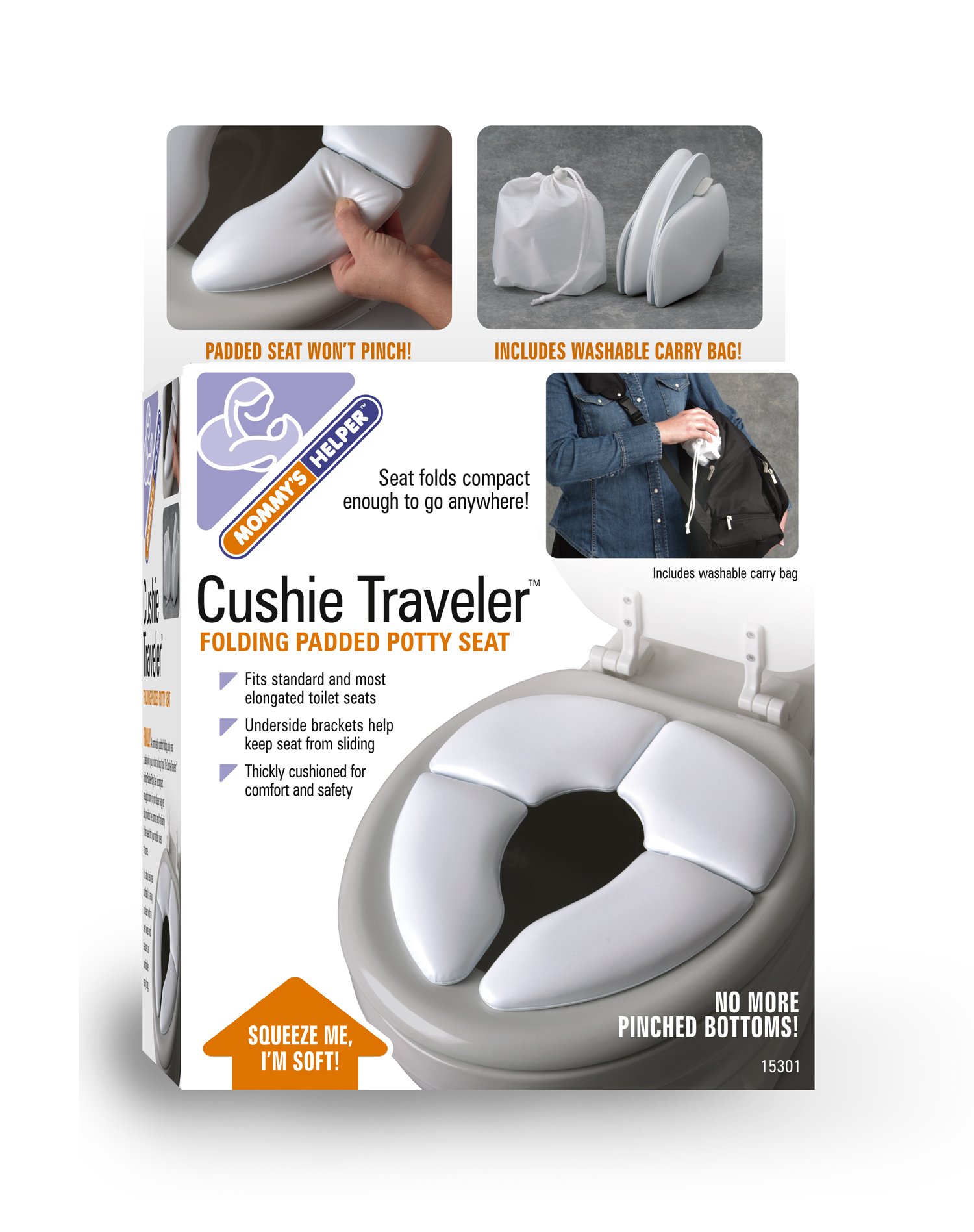 Portable Travel Potty Seat with Washable Carry Bag - Soft Padded Toilet Training Seat for Toddlers & Kids - Foldable & Reusable for Home, Camping, Travel - Mommy's Helper Cushie Traveler (White) - Perfect for Road Trips, Airplane & Outdoor Adventures